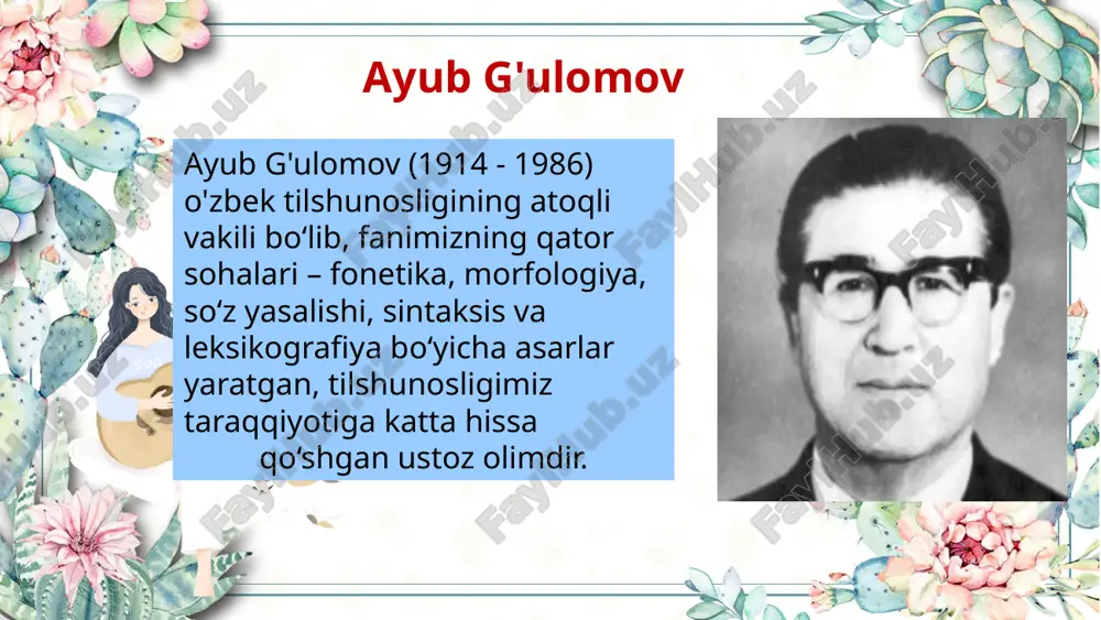 tarixiy lingvistik xususiyatlarini va ayrim dialektlarga qardosh tillar (tojik,qozoq,qoraqalpoq,turkman)munosabatini hisobga olgan holda oʻzbek shevalarining tasnif shevalarini tuzdi. nizomiddin mahmudov nizomiddin mahmudov 1951-yilda farg‘ona viloyatining yangiqo‘rg‘on tumanida tug‘ildi. 1968-yilda maktabni tugatdi. 1969–1974-yillarda o‘zmu (sobiq toshdu)ning filologiya fakultetida ta’lim oldi. u 1978-yilda prof m.mirtojiyev rahbarligida «o‘zbek tilida ellipsis» mavzusida nomzodlik, 1984-yilda «o‘zbek tilidagi sodda gaplarda semantik - sintaktik asimmetriya» mavzusida doktorlik dissertatsiyasini himoya qildi. n.mahmudov o‘zbek tilshunosligining, asosan, sintaksis, leksikologiya, leksikografiya, sotsiolingvistika, nutq madaniyati kabi yo‘nalishlari bo‘yicha qator tadqiqotlar yaratgan, ona tili bo‘yicha darsliklar e’lon qilgan olimdir. asarlari: 1. «o‘zbek tilidagi sodda gaplarda semantik va sintaktik asimmetriya» (1984). 2. «yozuv tarixidan qisqacha lug‘at – ma’lumotnoma» (1990). 3. «til va ma’naviyat» (hamkor, 1992). 4. «o‘zbek tilining mazmuniy sintaksisi» (hamkor, 1992). 5. «turkcha - o‘zbekcha, o‘zbekcha - turkcha lug‘at» (hamkor, 1993). 6. «o‘zbek tilining nazariy grammatikasi. sintaksis» (hamkor, 1995). 7.«o‘zimiz va so‘zimiz» (1997). 8. «til» (1998). 9. «ma’rifat manzillarida» (2000). 10. «o‘zbek tilida ish …