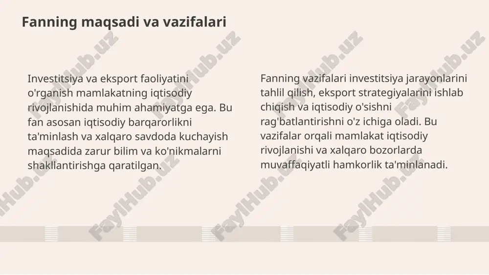 statistikasi photo by charlesdeluvio on unsplash xulosa hududlar investitsiya va eksport faoliyatining asosiy maqsadlari va vazifalarini yodga olish muhimdir. hozirgi statistikalar va rivojlanish tendensiyalarini qisqacha tahlil qilish, kelajakda innovatsion strategiyalar va davlat qo'llab-quvvatlashi yordamida bu sohalarni rivojlantirish mumkin. bu, iqtisodiy barqarorlik va raqobatbardoshlik uchun muhimdir. investitsiya va eksportni rivojlantirish uchun chet el bozorlarini kengaytirish, raqobatbardosh mahsulotlar ishlab chiqarish, infratuzilmani yaxshilash va investitsiya muhitini mustahkamlash zarur. bu chora-tadbirlar yordamida muammolar hal qilinib, uzoq muddatli barqarorlik ta'minlanadi va iqtisodiyot rivojlanadi. foydalanilgan adabiyotlar 1. o'zbekiston respublikasi investitsiyalar va tashqi iqtisodiy aloqalar vazirligi. 2024-yil investitsiya strategiyalari va statistikasi. tashqi iqtisodiy aloqalar nashriyoti, 2024. 2. o'zbekiston milliy universiteti. hududlar investitsiya va eksport faoliyatining rivojlanishi. toshkent, 2023. 3. muhammadjonov, a. hududiy iqtisodiyot va eksport strategiyalari. iqtisodiy rivojlanish jurnali, 2022. 4. xolmatov, s. investitsiya va eksportni rivojlantirish: amaliy yondashuvlar. o'zbekiston iqtisodiyoti, 2021. 5. qodirov, f. hududlar investitsiya va eksport faoliyatining statistikasi va tendensiyalari. o'zbekiston statistikasi ma'lumotlari, 2023. …