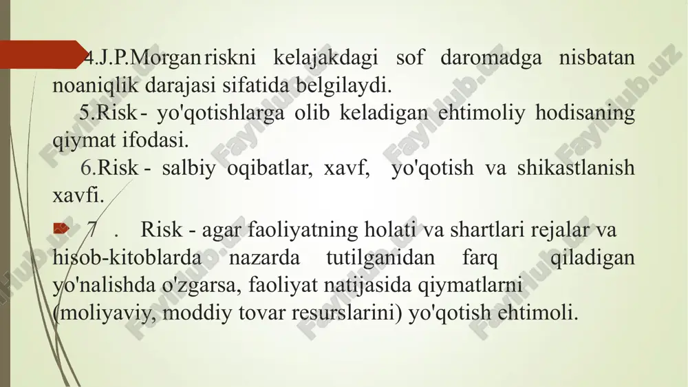 ga oladi. risklarni tahlil qilish xavflarni tahlil qilish va tadqiq qilishdan iborat. risklarni tahlil qilish risklarni baholashning umumiy jarayoniga hissa qo'shadi, xatarlarni qayta ishlash zarurati to'g'risida qaror qabul qilishda yordam beradi, shuningdek tegishli xavf-xatarlarni davolash strategiyalari va usullarini tanlashda yordam beradi. risk tahlili qo'llaniladigan boshqarish usullarining mavjudligi va samaradorligini hisobga olgan holda aniqlangan xavfli hodisalarning ehtimolligi va oqibatlarini tahlil qilishni o'z ichiga oladi. risk darajasini aniqlash uchun hodisalar ehtimoli va ularning oqibatlari to'g'risidagi ma'lumotlar qo'llaniladi. risk tahlili shuningdek xavfli hodisalar manbalarini, ularning ijobiy va salbiy oqibatlarini va ushbu hodisalar ehtimolini tahlil qilishni o'z ichiga oladi . risklarning qiyosiy baholanishi: tipik xatar matritsasi xatarlar ro'yxatini ko'rish va ularni loyiha maqsadlariga ta'sir qilish ehtimoli va potentsial tahdid darajasi bo'yicha taqsimlashga imkon beradi. ushbu ko'rsatkichlarning ko'paytirilishi loyiha uchun ahamiyatini aniqlaydi. ehtimol bo'lmagan, ammo loyihaga jiddiy salbiy ta'sir ko'rsatishi mumkin bo'lgan xavf loyihani boshqarishning alohida diqqat markazida bo'lishi kerak. risk extimolligi (shkala bo'yicha 1 …