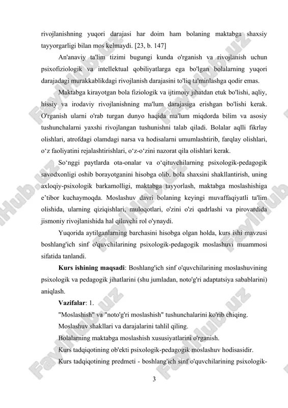 jlanishning ma'lum darajasiga erishgan bo'lishi kerak. o'rganish ularni o'rab turgan dunyo haqida ma'lum miqdorda bilim va asosiy tushunchalarni yaxshi rivojlangan tushunishni talab qiladi. bolalar aqlli fikrlay olishlari, atrofdagi olamdagi narsa va hodisalarni umumlashtirib, farqlay olishlari, o‘z faoliyatini rejalashtirishlari, o‘z-o‘zini nazorat qila olishlari kerak. so‘nggi paytlarda ota-onalar va o‘qituvchilarning psixologik-pedagogik savodxonligi oshib borayotganini hisobga olib, bola shaxsini shakllantirish, uning axloqiy-psixologik barkamolligi, maktabga tayyorlash, maktabga moslashishiga e’tibor kuchaymoqda. moslashuv davri bolaning keyingi muvaffaqiyatli ta'lim olishida, ularning qiziqishlari, muloqotlari, o'zini o'zi qadrlashi va pirovardida jismoniy rivojlanishida hal qiluvchi rol o'ynaydi. yuqorida aytilganlarning barchasini hisobga olgan holda, kurs ishi mavzusi boshlang'ich sinf o'quvchilarining psixologik-pedagogik moslashuvi muammosi sifatida tanlandi. kurs ishining maqsadi: boshlang'ich sinf o'quvchilarining moslashuvining psixologik va pedagogik jihatlarini (shu jumladan, noto'g'ri adaptatsiya sabablarini) aniqlash. vazifalar: 1. "moslashish" va "noto'g'ri moslashish" tushunchalarini ko'rib chiqing. moslashuv shakllari va darajalarini tahlil qiling. bolalarning maktabga moslashish xususiyatlarini o'rganish. kurs tadqiqotining ob'ekti psixologik-pedagogik moslashuv hodisasidir. kurs tadqiqotining predmeti …