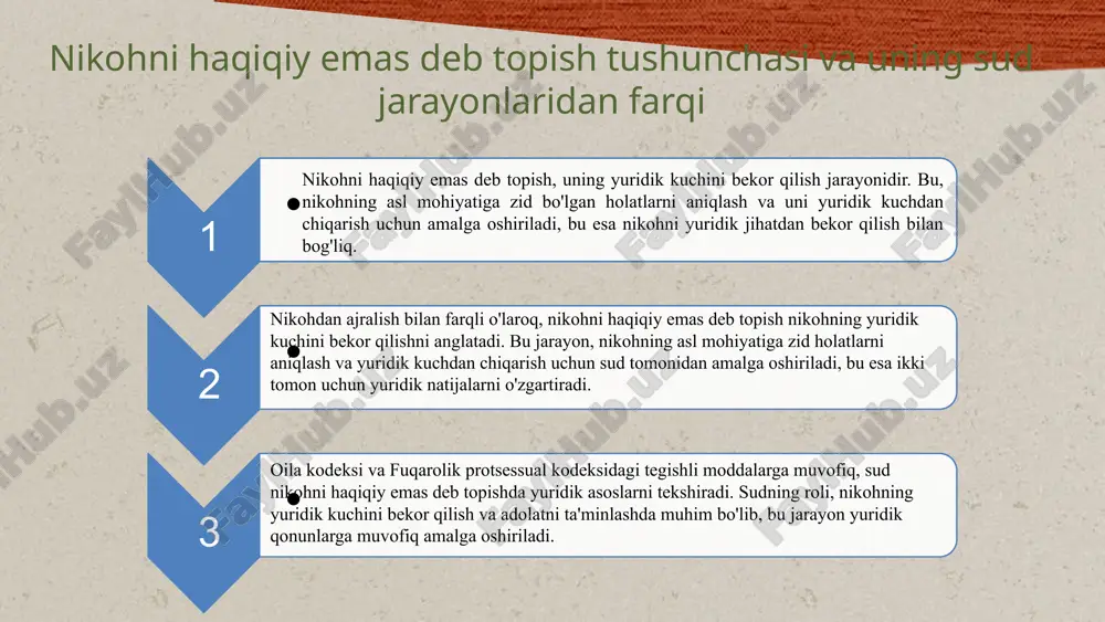 bu jarayon nikohning haqiqiy emasligini aniqlashga qaratilgan. nikohni haqiqiy emas deb topish ishlarida asosiy protseduralar da'volarning asoslari nikohni haqiqiy emas deb topish uchun sudda da'vo asoslari va tekshirish jarayoni tushuntiriladi. sud tekshiruvi sud da'volarni tekshirish uchun hujjatlar va guvohlar bilan batafsil tekshiradi. dalolatnomalarga yuborish qaror civil holat yozuvlariga yuborilib, rasmiylashtiriladi va arxivga qo'shiladi. qaror qabul qilish sud qarori qabul qilinib, rasmiylashtirilgach, huquqiy kuchga kiradi va e'lon qilinadi. bolalarning huquqlari nikoh haqiqiy emas deb topilganda, bolalarning huquqlari va manfaatlari himoya qilinadi. protsedura yakuni jarayon yakunlanib, sud qarori amalda qo'llaniladi va huquqiy natijalar amalga oshiriladi. sud qarorining huquqiy oqibatlari va amaliy ahamiyati sud qarori nikohning haqiqiy emasligini tasdiqlab, huquqiy munosabatlarni bekor qiladi. bu nikohning hech qachon qonuniy vujudga kelmaganligini anglatadi. qaror nikohni qayd etish organlariga yuborilib, rasmiy ro'yxatga olinadi, bu esa oilaviy huquq tizimining barqarorligini ta'minlaydi. nikoh haqiqiy emasligi nikohning haqiqiy emasligi sud qarorida tasdiqlanadi va huquqiy munosabatlarni bekor qiladi. nikohning vujudga …