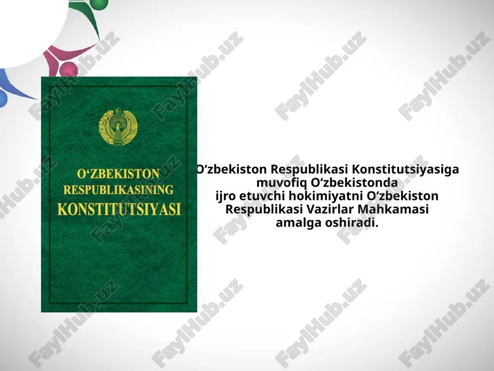 amlakatning oliy ijro etuvchi organi hisoblanib, u barcha federal vazirlik va agentliklarning faoliyatini muvofiqlashtiradi. vazirlar (secretary) prezident tomonidan tayinlanadi va senat tomonidan tasdiqlanadi. ushbu tizimda ijro hokimiyati yuqori darajada markazlashgan, lekin nazorat mexanizmlari — kongress va sud hokimiyati orqali muvozanatlashtirilgan. germaniyada ijro etuvchi hokimiyat federal kansler tomonidan boshqariladi. kansler siyosiy partiyalar koalitsiyasi asosida saylanadi va hukumat ishini umumiy siyosiy strategiya bilan yo‘naltiradi. vazirliklar mustaqil faoliyat yuritsa-da, ularning siyosiy yo‘nalishini kansler belgilaydi. buyuk britaniyada ijro etuvchi hokimiyat bosh vazir va vazirlar mahkamasi tomonidan amalga oshiriladi. ular parlament oldida javobgardir. bu tizimda ijro hokimiyatining samaradorligi parlament nazorati bilan uyg‘unlashtirilgan bo‘lib, davlat boshqaruvi barqarorlik va javobgarlikka asoslanadi. image2.jpeg image3.jpeg image4.jpeg image5.jpeg image6.jpeg image7.jpeg image8.jpeg image9.jpeg image10.jpeg image11.jpeg image12.jpeg image13.jpeg image1.jpg /docprops/thumbnail.jpeg