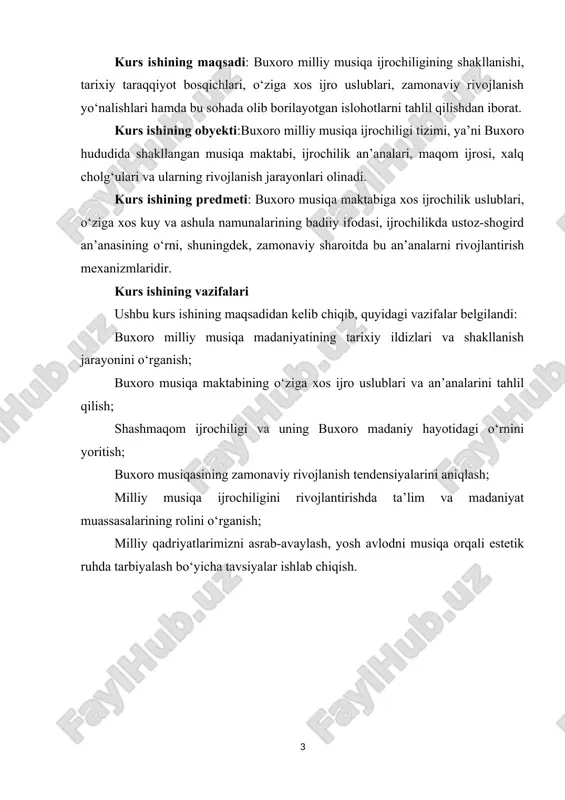 lash bo‘yicha tavsiyalar ishlab chiqish. i bob. buxoro milliy musiqa madaniyatining tarixiy rivojlani̇shi 1.1. buxoro musiqa madaniyatining shakllanishi va tarixiy ildizlari ajdodlarimiz tomonidan meros bo’lib kelayotgan milliy musiqamiz an’analarini o’rganish va ularni butunjahon tamadduni taraqqiyotiga xizmat qildirishdek, tarixiy vazifani tabdil etganligi xalqimizning istiqlol yillaridagi madaniyat va san’at sohasida erishgan ulkan ma’anaviy ozuqa bo’ldi. jahon musiqa merosining ulkan sarchashmasi hisoblangan shashmaqomning yunesko tomondan “insoniyatning nomoddiy madaniy merosi” deb e’tirof etilishi katta tarixiy voqea. ota-bobolarimizdan qolgan mo’tabar musiqiy merosni nafaqat asrab-avaylash, balki kelasi avlodlarga tortiq qilish ham bugungi vazifamizdir. bobokalonlarimiz tarafidan qadimgi davrlardan beri bizgacha saqlanib kelingan mumtoz musiqiy obidalar, ularning hayot tarzlaridagi o’ziga xos an’analari zamonlar o’tishi bilan shu makonda kamol topgan ilm ahlining musiqiy izlanishlarida sayqal topib, tobora ilmiyroq bir tusga tegishli yozma manbalarga muhrlanib, ma’anaviy boyligimizga aylangan. ushbu mulkni tadqiq qilib, amaliyotga tadbiq etish va ularning semantikasini ochib berish kabi muhim vazifa, ayni paytda, biz uchun kechiktirib bo’lmaydigan ishlardan …