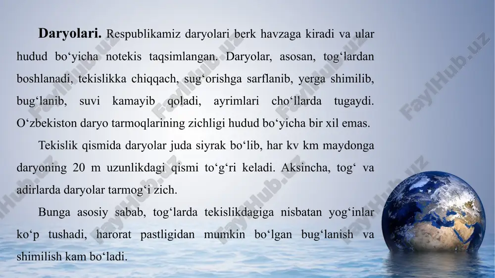 . shu sababli uning to‘lin suv davri mart — iyun (53 foiz) oylariga, eng kam suv davri esa dekabr — fevral oylariga to‘g‘ri keladi. daryoning yillik o‘rtacha ko‘p suv sarfi xo‘jakent yonida sekundiga 224 m3 , eng ko‘pi bahorda sekundiga 2100 m3 , eng kami qishda sekundiga 22 m3 . chirchiq daryosi suvining o‘rtacha loyqaligi xo‘jakent yonida 0,275 kg/m3 . zarafshon. bu daryo turkiston va zarafshon tog‘lari tutashgan ko‘ksuv tog‘ tugunidagi zarafshon muzligidan mastchoh nomi bilan boshlanadi. u ayniy qishlog‘i yonida fandaryo bilan qo‘shilgach, zarafshon nomini oladi. zarafshon ilgari amudaryoga 20 km yetmasdan sandiqli cho‘li qumlariga shimilib ketar edi. zarafshon daryosining uzunligi muzlikdan sandiqli qumlarigacha 877 km edi. hozirda uning suvi ko‘plab sug‘orishga sarflanishi sababli u yerlarga yetib bormayapti. zarafshon daryosining tog‘li qismi tojikistonga, quyi qismi o‘zbekistonga qaraydi. find more powerpoint templates on prezentr.com! zarafshon muz-qorlarning erishidan to‘yinib, to‘linsuv davri iyun — avgustga, eng kam suv davri esa qishga to‘g‘ri …