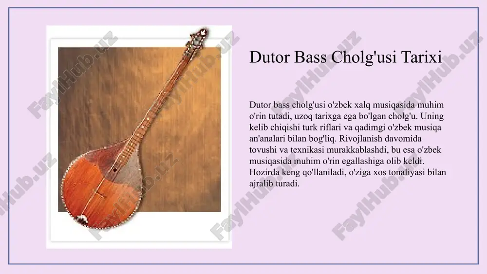 innovatsion ifoda imkoniyatlarini taqdim etadi. dutor bass cholg'usi uchun o'quv resurslari dutor bass cholg'usini o'rganish uchun turli xil o'quv resurslari mavjud. kitoblar, maqolalar va darsliklar bu cholg'u haqida chuqur bilim berishi mumkin. video darslar va onlayn kurslar esa amaliy ko'nikmalarni rivojlantirish uchun muhim. shuningdek, musiqa maktablari va ustozlar bilan to'g'ridan-to'g'ri muloqot qilish o'quv jarayonini boyitadi. o'quv jarayonida foydalanish mumkin bo'lgan manbalar orasida, ayniqsa, mahalliy va xalqaro musiqa kutubxonalari, youtube platformasidagi darslar va maxsus o'quv dasturlari muhim ahamiyatga ega. bu resurslar yordamida talabalar texnikani mustahkamlashlari va o'z ijro uslublarini rivojlantirishlari mumkin. 1 2 o'zbek xalq cholg'u asboblari amaliy mashg'ulotlar cheklangan yangi texnikalar va usullar rivojlanishi raqobatning kuchayishi dutor bass cholg'usi o'ziga xos tovush va texnikasi bilan ajralib turadi, uning ijrosi xalq musiqasining boyligini namoyish etadi. amaliy mashg'ulotlarning yetishmasligi va o'quvchilarning texnik qiyinchiliklarga duch kelishi mumkin. yangi o'quv dasturlari va texnologiyalar yordamida amaliy mashg'ulotlar kengaytirilishi mumkin. boshqa musiqiy cholg'ular bilan raqobat va …