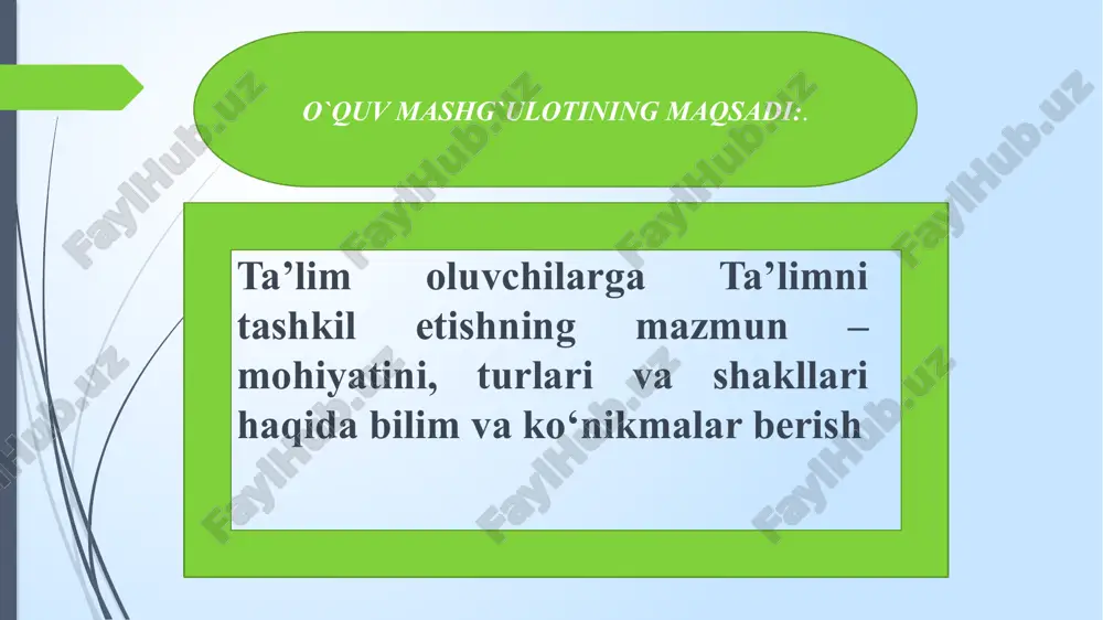 rishga kirisha olish; ta’lim jarayonida ta’lim beruvchining ta’lim tashkilotchisi va lozim topilganda mazkur jarayonda maslahatchi (boshqaruvchi) sifatida ishtirok etishi va individual yondashuvni amalga oshirishi; ta’lim jarayonida o‘qitishning o‘ziga xos vositalarining keng qo‘llanilishi (kompyuterli o‘rgatuvchi dasturlar, intellektuallashtirilgan dasturlar, kasbiy kompyuterli o‘yinlar, trenajerlar, nazorat qilish qurilmalari, o‘qitish mashinalari va shu kabilar). foydalanilgan adabiyotlar ro‘yxati: 1. antalogiya pedagogicheskoy misli uzbekistana. – moskva, 1986. 2. bekmirzaev r. fundamental fanlarni o‘qitishda yangi axborot texnologiyalarining qo‘llanilishi // “tibbiy fanlarni o‘qitish muammolari” mavzusidagi respublika ilmiy – uslubiy anjumani materiallari. – jizzax, 2006. – b. 175. 3. rahimov s.r. abu ali ibn sinoning psixologik – pedagogik qarashlari. – toshkent: o‘qituvchi, 1087. – 103 b. 4. toxirov m. mirzo ulug‘bekning pedagogik qarashlari. – toshkent: fan, 1984. 5. hasanboev j., sariboev h., niyozov g., hasanboeva o., usmonboeva m. pedagogika. o‘quv qo‘llanma. – toshkent: fan, 2006. – 282 b. 6. joyce, b., calhoun, e., hopkins, d «pedagogy, teaching practices» 2004. image1.png …