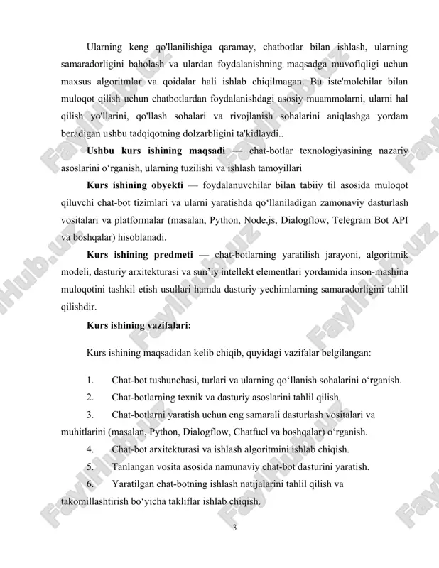 sh tamoyillari kurs ishining obyekti — foydalanuvchilar bilan tabiiy til asosida muloqot qiluvchi chat-bot tizimlari va ularni yaratishda qo‘llaniladigan zamonaviy dasturlash vositalari va platformalar (masalan, python, node.js, dialogflow, telegram bot api va boshqalar) hisoblanadi. kurs ishining predmeti — chat-botlarning yaratilish jarayoni, algoritmik modeli, dasturiy arxitekturasi va sun’iy intellekt elementlari yordamida inson-mashina muloqotini tashkil etish usullari hamda dasturiy yechimlarning samaradorligini tahlil qilishdir. kurs ishining vazifalari: kurs ishining maqsadidan kelib chiqib, quyidagi vazifalar belgilangan: 1. chat-bot tushunchasi, turlari va ularning qo‘llanish sohalarini o‘rganish. 2. chat-botlarning texnik va dasturiy asoslarini tahlil qilish. 3. chat-botlarni yaratish uchun eng samarali dasturlash vositalari va muhitlarini (masalan, python, dialogflow, chatfuel va boshqalar) o‘rganish. 4. chat-bot arxitekturasi va ishlash algoritmini ishlab chiqish. 5. tanlangan vosita asosida namunaviy chat-bot dasturini yaratish. 6. yaratilgan chat-botning ishlash natijalarini tahlil qilish va takomillashtirish bo‘yicha takliflar ishlab chiqish. 1. chatbotlar onlayn muloqot vositasi sifatida 1.1 chatbotning ta'rifi va tushunchasi. uning paydo bo'lishi va …