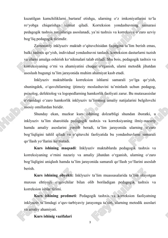 rni samarali qo‘llash yo‘llarini ko‘rsatadi. kurs ishining maqsadi: inklyuziv maktablarda pedagogik tashxis va korreksiyaning o‘rnini nazariy va amaliy jihatdan o‘rganish, ularning o‘zaro bog‘liqligini aniqlash hamda ta’lim jarayonida samarali qo‘llash yo‘llarini asoslab berish. kurs ishining obyekti: inklyuziv ta’lim muassasalarida ta’lim olayotgan maxsus ehtiyojli o‘quvchilar bilan olib boriladigan pedagogik tashxis va korreksion ishlar tizimi. kurs ishining predmeti: pedagogik tashxis va korreksion faoliyatning inklyuziv ta’limdagi o‘quv-tarbiyaviy jarayonga ta’siri, ularning metodik asoslari va amaliy ahamiyati. kurs ishinig vazifalari inklyuziv ta’limning mazmuni, maqsadi va asosiy tamoyillarini tahlil qilish. pedagogik tashxis tushunchasi va uning inklyuziv ta’limdagi o‘rnini o‘rganish. korreksion-pedagogik ishlarning mohiyati, shakllari va usullarini aniqlash. pedagogik tashxis natijalariga asoslangan korreksion ishlarni tashkil etish yo‘llarini ko‘rsatish. o‘qituvchining tashxis va korreksion faoliyatdagi rolini aniqlash hamda bu jarayonlarni takomillashtirish bo‘yicha amaliy tavsiyalar ishlab chiqish. i bob. inklyuziv ta’lim jarayonida pedagogik tashxisning nazariy asoslari 1.1. inklyuziv ta’limning mazmuni, maqsadi va asosiy tamoyillari mamlakatimizda amalga oshirilayotgan barcha islohotlar zamirida, eng avvalo, …