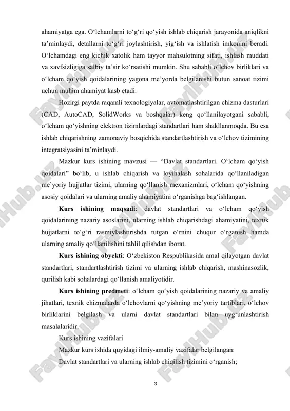 hinasozlik, qurilish kabi sohalardagi qo‘llanish amaliyotidir. kurs ishining predmeti: o‘lcham qo‘yish qoidalarining nazariy va amaliy jihatlari, texnik chizmalarda o‘lchovlarni qo‘yishning me’yoriy tartiblari, o‘lchov birliklarini belgilash va ularni davlat standartlari bilan uyg‘unlashtirish masalalaridir. kurs ishining vazifalari mazkur kurs ishida quyidagi ilmiy-amaliy vazifalar belgilangan: davlat standartlari va ularning ishlab chiqilish tizimini o‘rganish; standartlashtirish jarayonining milliy va xalqaro me’yoriy asoslarini tahlil qilish; o‘lchov birliklari va o‘lcham qo‘yish qoidalarining asosiy talablarini o‘rganish; texnik chizmalarda o‘lcham qo‘yishning amaliy usullarini ko‘rsatish; i bob. davlat standartlarining mohiyati va ahamiyati 1.1. davlat standartlari tushunchasi va ularning ishlab chiqish asoslari o’zbekiston respublikasi hududida o’zbekiston respublikasining o’zdst 1.0: 1998 (o’zbekiston standartlashtirish davlat tizimi. asosiy qoidalar standartiga asosan standartlashtirish bo’yicha qo’yidagi me’yoriy xujjatlar qo’llaniladi: · davlatlararo standartlar - gost; · o’zbekiston davlat standartlari – o’z dst; · tarmoq, standartlari - ts; - texnik shartlar - tsh; - korxona standartlari - ks. standartlashtirish bo’yicha me’yoriy hujjatlar guruhiga standartlashtirish bo’yicha rahbariy hujjatlar (ph), …