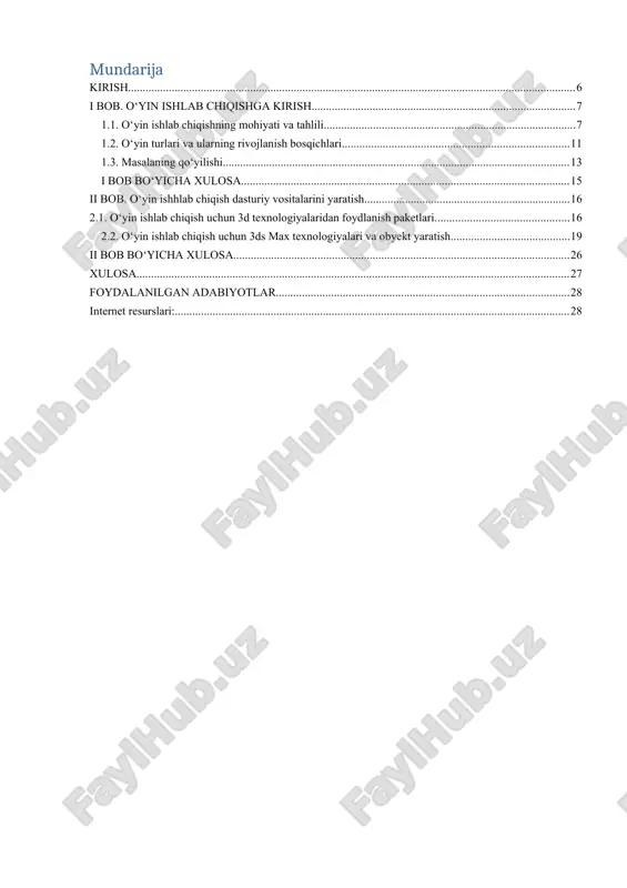 grafik dasturlardan foydalanish; kurs ishining davomida o‘yin ishlab chiqish jarayoni nazariy jihatdan tahlil qilinadi, mavjud 3d vositalarning imkoniyatlari o‘rganiladi. i bob. o‘yin ishlab chiqishga kirish 1.1. o‘yin ishlab chiqishning mohiyati va tahlili so‘nggi o‘n yilliklarda axborot texnologiyalari jadal rivojlanib, ularning inson hayoti va faoliyatining deyarli barcha sohalariga ta’siri sezilarli darajada kuchaydi. xususan, raqamli o‘yinlar (kompyuter, mobil va onlayn o‘yinlar) so‘nggi yillarda katta yutuqlarga erishib, keng auditoriyani o‘ziga jalb qilmoqda. o‘yinlar endilikda faqat bolalar yoki o‘smirlar uchun mo‘ljallangan mahsulot emas, balki har qanday yoshdagi insonlar uchun dam olish, muloqot qilish va hatto o‘rganish vositasiga aylangan.o‘yin ishlab chiqish bugungi kunda bir necha milliard dollarlik global sanoatga aylangan bo‘lib, bu sohada minglab kompaniyalar faoliyat yuritmoqda. o‘yin yaratuvchilari (game developers), dizaynerlar, dasturchilar va kontent mualliflari ushbu sohada katta hajmdagi loyihalar ustida ishlamoqdalar. shu sababli, o‘yin ishlab chiqishning nazariy asoslarini o‘rganish va amaliy jihatlarini chuqur tahlil qilish, ayniqsa, axborot texnologiyalari va dasturlashni o‘rganuvchi talabalar uchun …