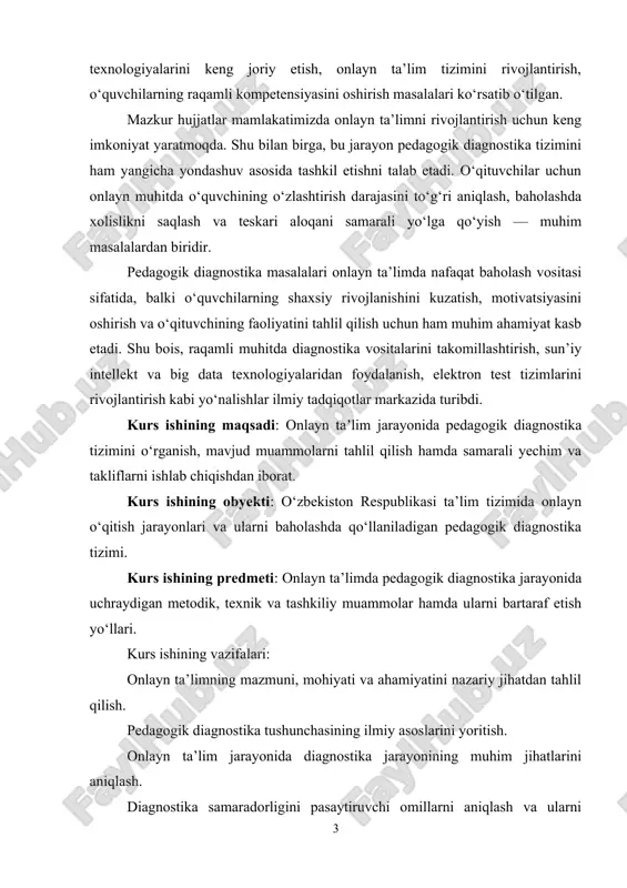 n foydalanish, elektron test tizimlarini rivojlantirish kabi yo‘nalishlar ilmiy tadqiqotlar markazida turibdi. kurs ishining maqsadi: onlayn taʼlim jarayonida pedagogik diagnostika tizimini o‘rganish, mavjud muammolarni tahlil qilish hamda samarali yechim va takliflarni ishlab chiqishdan iborat. kurs ishining obyekti: o‘zbekiston respublikasi ta’lim tizimida onlayn o‘qitish jarayonlari va ularni baholashda qo‘llaniladigan pedagogik diagnostika tizimi. kurs ishining predmeti: onlayn ta’limda pedagogik diagnostika jarayonida uchraydigan metodik, texnik va tashkiliy muammolar hamda ularni bartaraf etish yo‘llari. kurs ishining vazifalari: onlayn ta’limning mazmuni, mohiyati va ahamiyatini nazariy jihatdan tahlil qilish. pedagogik diagnostika tushunchasining ilmiy asoslarini yoritish. onlayn ta’lim jarayonida diagnostika jarayonining muhim jihatlarini aniqlash. diagnostika samaradorligini pasaytiruvchi omillarni aniqlash va ularni tizimlashtirish. onlayn ta’limda diagnostika jarayonini takomillashtirish bo‘yicha amaliy takliflar ishlab chiqish. i bob. onlayn taʼlimning pedagogik-asosiy jihatlari va diagnostika nazariyasining ilmiy asoslari 1.1. onlayn taʼlimning mazmuni, mohiyati va ahamiyati masofaviy ta’lim ‒ masofaviy o’qitishga asoslangan ta’lim. masofaviy o’qitish - o’zaro ma’lum bir masofada internet texnologiya yoki …