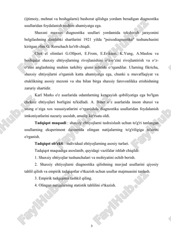 statistik tahlilini o'tkazish. 1-bob. shaxs ehtiyojlarini nazariy asoslash va ularni tashxislash usullari 1.1. shaxsiy ehtiyojlar tushunchasi va mohiyati "ehtiyojlar" tushunchasi, birinchi navbatda, shaxsning o'zini ichki qondirish uchun zarur bo'lgan ehtiyoj va istaklari bilan belgilanadi [2, p. 65]. ehtiyojlarni shaxs tomonidan hayot uchun ob'ektiv zarur shartlar sifatida baholanadigan aniq so'rovlar sifatida aniqlash mumkin. ehtiyojlarning kelib chiqish tabiati uning tuzilishi jihatidan nihoyatda murakkabdir. bu ikki tomonlama xarakterga ega: bir tomondan, biologik ehtiyojlar insonga tug'ilishdan boshlab singib ketgan va ularni qondirmasdan turib, mavjud bo'lolmaydi; ikkinchi tomondan, ijtimoiy va kommunal ehtiyojlar inson hayotining ijtimoiy jihati bilan tavsiflanadi. binobarin, ko'pgina ehtiyojlar inson ko'pincha o'zini topadigan jamiyat ta'sirida namoyon bo'ladi [9, p. 101]. ehtiyojlarning quyidagi xarakterli belgilari ajralib turadi: 1) ehtiyojning o'ziga xos substantiv tabiati, bu shaxs va kerakli ob'ekt o'rtasidagi aloqani yoki qoniqish hissini ta'minlaydigan faoliyatni rivojlantirishni nazarda tutadi; 2) o'ziga xos hissiy holatlar (masalan, qondirilmagan ehtiyojlardan noqulaylik va ichki azoblanish) bilan namoyon bo'ladigan o'z …