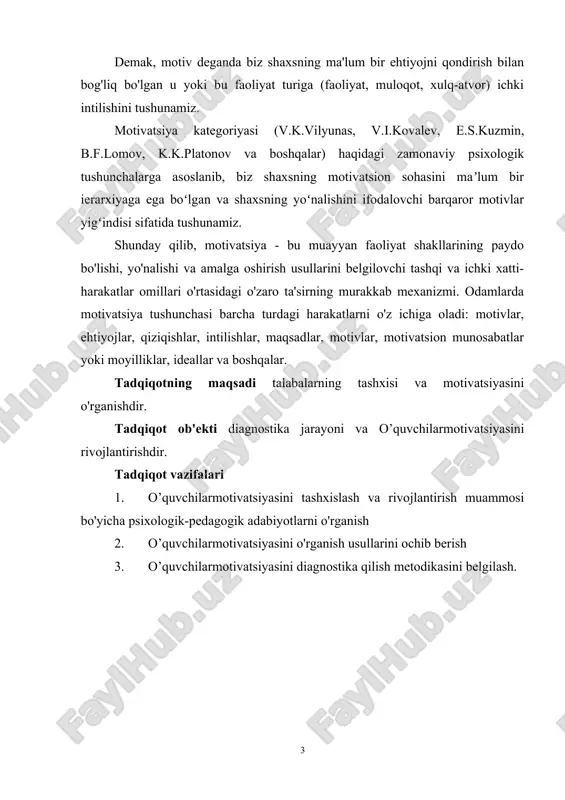 rakkab mexanizmi. odamlarda motivatsiya tushunchasi barcha turdagi harakatlarni o'z ichiga oladi: motivlar, ehtiyojlar, qiziqishlar, intilishlar, maqsadlar, motivlar, motivatsion munosabatlar yoki moyilliklar, ideallar va boshqalar. tadqiqotning maqsadi talabalarning tashxisi va motivatsiyasini o'rganishdir. tadqiqot ob'ekti diagnostika jarayoni va o’quvchilarmotivatsiyasini rivojlantirishdir. tadqiqot vazifalari 1. o’quvchilarmotivatsiyasini tashxislash va rivojlantirish muammosi bo'yicha psixologik-pedagogik adabiyotlarni o'rganish 2. o’quvchilarmotivatsiyasini o'rganish usullarini ochib berish 3. o’quvchilarmotivatsiyasini diagnostika qilish metodikasini belgilash. i -bob . motivani o‘rganishning nazariy asoslari 1.1 motivatsiya nazariyalari qadimgi faylasuflarning asarlarida motivatsiyaning ko'plab nazariyalari paydo bo'la boshladi. hozirda bunday o'nlab nazariyalar mavjud. ularni tushunish uchun ularning kelib chiqishi va tarixini tushunish muhimdir. zamonaviy motivatsiya nazariyalarining kelib chiqishini psixologik bilimlarning o'zidan izlash kerak. inson motivatsiyasining tabiati va kelib chiqishi haqidagi qarashlar ushbu muammoni o'rganish davomida bir necha bor o'zgargan, ammo ikkita falsafiy oqim: ratsionalizm va irratsionalizm bilan izchil ravishda o'zaro bog'langan. 19-asrning oʻrtalarigacha qadimgi faylasuflar va ilohiyotshunoslarning asarlarida alohida oʻrin tutgan ratsionalistik pozitsiyaga koʻra, odamlar oʻziga xos …
