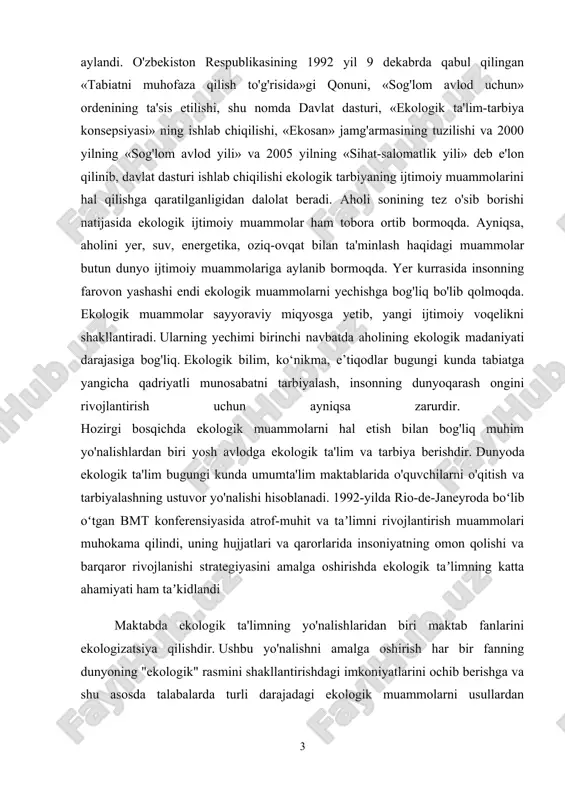 hozirgi bosqichda ekologik muammolarni hal etish bilan bog'liq muhim yo'nalishlardan biri yosh avlodga ekologik ta'lim va tarbiya berishdir. dunyoda ekologik ta'lim bugungi kunda umumta'lim maktablarida o'quvchilarni o'qitish va tarbiyalashning ustuvor yo'nalishi hisoblanadi. 1992-yilda rio-de-janeyroda boʻlib oʻtgan bmt konferensiyasida atrof-muhit va taʼlimni rivojlantirish muammolari muhokama qilindi, uning hujjatlari va qarorlarida insoniyatning omon qolishi va barqaror rivojlanishi strategiyasini amalga oshirishda ekologik taʼlimning katta ahamiyati ham taʼkidlandi maktabda ekologik ta'limning yo'nalishlaridan biri maktab fanlarini ekologizatsiya qilishdir. ushbu yo'nalishni amalga oshirish har bir fanning dunyoning "ekologik" rasmini shakllantirishdagi imkoniyatlarini ochib berishga va shu asosda talabalarda turli darajadagi ekologik muammolarni usullardan foydalangan holda tahlil qilishga tizimli yondashuvni shakllantirishga imkon beradi. har bir fanga xos bo'lgan atrofdagi voqelikni bilish. kurs ishi mavzusining maqsadi: oʻquvchilar ongida ekologik tarbiyaning asosiy tushunchalarini singdirishda matematika fanidan foydalanish, ularning ekologik madaniyatini shakllantirish. kurs ishi mavzusining vazifasi: - tarbiya jarayonida oʻquvchilarga ekologiya tushunchalarni singdirish usullarini o‘rganish; - insonni shakllantirishda ekologik tarbiyaning pedagogik …