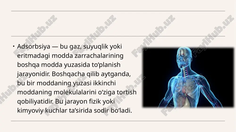 iy birikmalarni ushlab qoladi. 🌱 o‘simliklarda adsorbsiya jarayoni o‘simliklarda adsorbsiya ildiz orqali suv va mineral moddalarning tuproqdan so‘rilishida muhim ahamiyatga ega. ildiz tukchalari tuproq zarrachalari yuzasidan ozuqa elementlarini adsorbsiya qilib oladi. shuningdek, barglarda ham ba’zi gazlar (masalan, co₂) va suv bug‘lari adsorbsiyalanadi. bu jarayon fotosintez va o‘simlik o‘sishida muhim o‘rin tutadi. xulosa qilib aytganda, adsorbsiya — bu tirik organizmlar va texnologik jarayonlarda muhim rol o‘ynaydigan tabiiy hodisa. u organizmni himoya qiladi, sog‘lom hayotni ta’minlaydi va ilm-fan bilan ishlab chiqarishda katta amaliy ahamiyatga ega adsorbsiya – bu gaz, suyuqlik yoki eritmadagi modda zarrachalarining boshqa modda yuzasida to‘planish jarayoni. masalan, aktivlangan ko‘mir yuzasida toksinlarning ushlanishi. adsorbent – boshqa moddalarni o‘z yuzasiga tortib oladigan modda. masalan: aktivlangan ko‘mir, silikagel, gil, zeolit. adsorbat – adsorbsiya jarayonida yuzaga tortilayotgan modda. masalan, zaharli gaz yoki toksin molekulalari adsorbat hisoblanadi. fizik adsorbsiya – molekulalar orasidagi zaif van-der-vaals kuchlari ta’sirida sodir bo‘ladigan, qaytuvchan adsorbsiya turi. kimyoviy adsorbsiya (xemosorbsiya) …