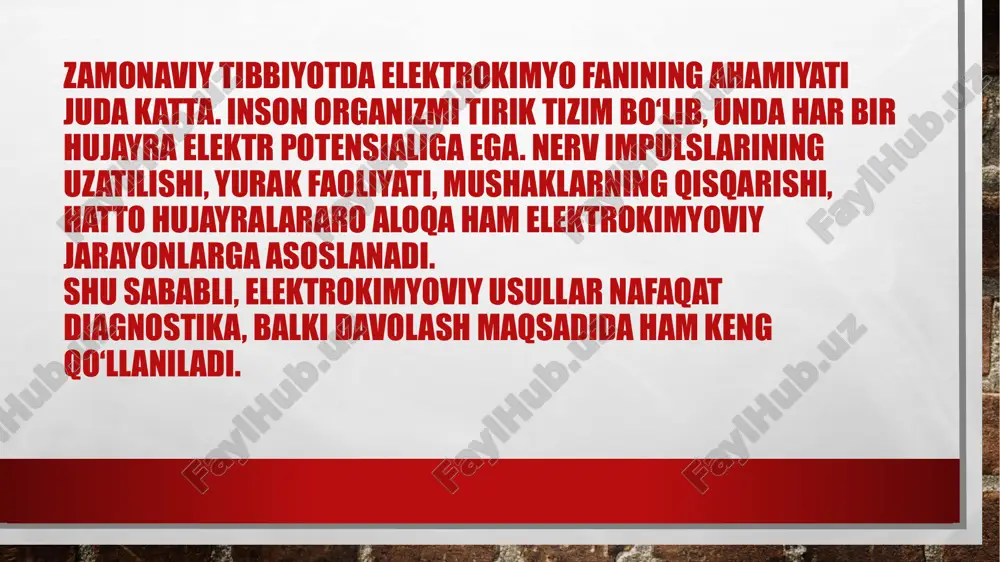 ka va davolashda quyidagi kimyoviy tushunchalar muhim rol o‘ynaydi: • ionlarning elektrod harakati (katod va anodga qarab harakatlanishi); • elektrolit eritmalar va ularning o‘tkazuvchanligi; • faraday qonunlari (tok kuchi va elektroliz miqdori o‘rtasidagi bog‘lanish); • ph va ion muvozanati; • redoks reaksiyalar (oksidlanish-qaytarilish jarayonlari). bu qonuniyatlar organizmda elektr oqimini nazorat qilish, dori ionlarini to‘g‘ri yo‘naltirish va diagnostika ma’lumotlarini to‘g‘ri talqin qilish imkonini beradi. 6. elektrokimyoviy usullarning tibbiyotdagi qo‘llanilishi • kardiologiya — ekg, kardiostimulyatorlar, yurak elektrotomografiyasi. • nevrologiya — eeg, emg, elektroterapiya. • dermatologiya va kosmetologiya — mikroto‘k terapiyasi, iontoforez. • fizioterapiya — galvanizatsiya, elektroforez, elektr refleksoterapiya. • reabilitatsiya tibbiyoti — mushaklarning elektr stimulyatsiyasi. xulosa elektrokimyoviy davolash va diagnostika usullari tibbiyotda organizmning elektr va kimyoviy muvozanatini o‘rganish, tashxislash hamda tiklash imkonini beradi. bu usullar yordamida yurak, miya, mushak va nerv tizimlarining faoliyati chuqur o‘rganiladi, ko‘plab kasalliklar erta bosqichda aniqlanadi. davolash jarayonida esa elektrokimyoviy texnologiyalar dorilarning ta’sirini oshiradi, organizmni tabiiy yo‘l bilan …