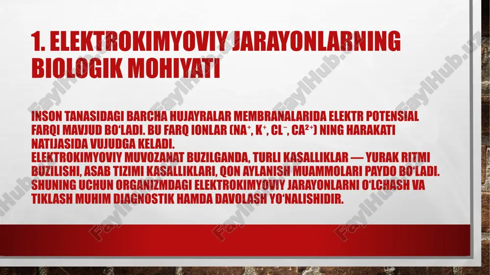 ularning o‘tkazuvchanligi; • faraday qonunlari (tok kuchi va elektroliz miqdori o‘rtasidagi bog‘lanish); • ph va ion muvozanati; • redoks reaksiyalar (oksidlanish-qaytarilish jarayonlari). bu qonuniyatlar organizmda elektr oqimini nazorat qilish, dori ionlarini to‘g‘ri yo‘naltirish va diagnostika ma’lumotlarini to‘g‘ri talqin qilish imkonini beradi. 6. elektrokimyoviy usullarning tibbiyotdagi qo‘llanilishi • kardiologiya — ekg, kardiostimulyatorlar, yurak elektrotomografiyasi. • nevrologiya — eeg, emg, elektroterapiya. • dermatologiya va kosmetologiya — mikroto‘k terapiyasi, iontoforez. • fizioterapiya — galvanizatsiya, elektroforez, elektr refleksoterapiya. • reabilitatsiya tibbiyoti — mushaklarning elektr stimulyatsiyasi. xulosa elektrokimyoviy davolash va diagnostika usullari tibbiyotda organizmning elektr va kimyoviy muvozanatini o‘rganish, tashxislash hamda tiklash imkonini beradi. bu usullar yordamida yurak, miya, mushak va nerv tizimlarining faoliyati chuqur o‘rganiladi, ko‘plab kasalliklar erta bosqichda aniqlanadi. davolash jarayonida esa elektrokimyoviy texnologiyalar dorilarning ta’sirini oshiradi, organizmni tabiiy yo‘l bilan sog‘lomlashtirishga yordam beradi. shunday qilib, elektrokimyoviy usullar — bu kimyo, biologiya va tibbiyotning eng muhim integratsion yutuqlaridan biridir etiboringiz uchun raxmat image3.jpg …