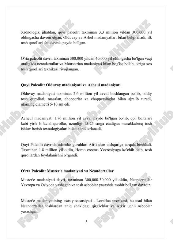 inglab fil suyagidan yasalgan munchoqlar bilan bezatilgan. bu joylar odamlarning qanday qilib ochiq osmon ostida, qattiq muzlik davrida yashab, oʻz madaniyatini yaratganini koʻrsatadi. tosh asboblari texnologiyasi: yasalish usullari va foydalanish paleolit davrida tosh asboblarni yasashda urish texnikasi keng qo'llanilgan, bunda qattiq tosh bilan xomashyo yuzasiga zarba berilib, qirrali o'tkir qipiqlar ajratib olingan. levallua texnologiyasi, paleolit davrida keng tarqalgan bo'lib, ma'lum shakldagi (disk yoki qalqonsimon) nukleusdan oldindan mo'ljallangan o'lchamdagi qipiqlarni olish imkonini bergan. paleolit davrida tosh asboblar ovchilik, terimchilik, yog'ochga ishlov berish va teri oshlash kabi kundalik ehtiyojlarni qondirish uchun ishlatilgan, ularning qirralari kesuvchi va qirqish xususiyatlariga ega bo'lgan. suiyak, shox va fil suyagidan yasalgan buyumlar suyakdan yasalgan buyumlar, masalan, ignalar miloddan avvalgi 40,000-10,000 yillarda tikuvchilikning rivojlanishiga turtki bo'lgan. bu davrda ibtidoiy odamlar terilarni birlashtirishda mohir bo'lishgan. shoxdan yasalgan qurollar, misol uchun nayzalar, ov qilishda muhim rol o'ynagan; ular taxminan 30,000 yil avval paydo bo'lib, ibtidoiy ovchilarga yirik hayvonlarni osonroq ovlash …