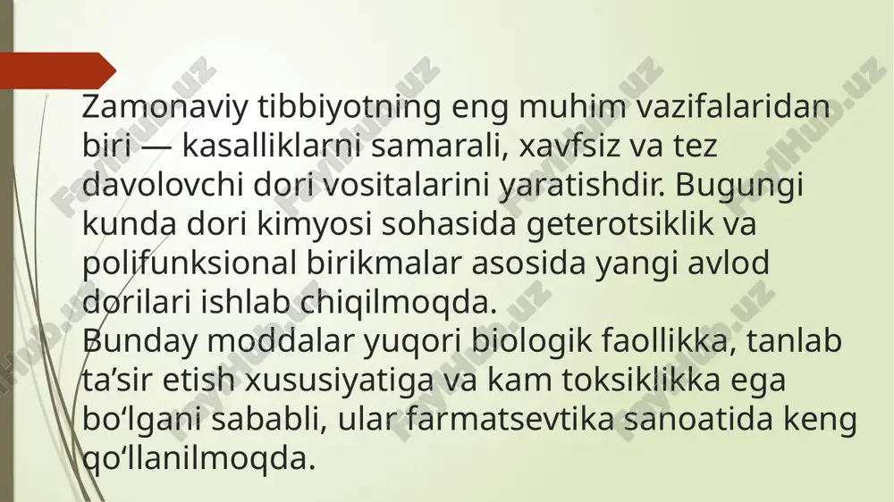 dozasini kamaytirish imkonini beradi; • boshqa dorilar bilan yaxshi muvofiqlashadi. . kimyoviy sintez va ilmiy tadqiqotlar zamonaviy organik kimyo usullari yordamida getero- va polifunksional birikmalarning yangi turlari sintez qilinmoqda. ulardan biri kompyuter modellashtirish (drug design) bo‘lib, bunda dori molekulasi tuzilmasi oldindan kompyuter yordamida ishlab chiqiladi. shuningdek, nanotexnologiya asosida geteroatomli dori tashuvchi tizimlar ham yaratilmoqda. xulosa getero- va polifunksional birikmalar zamonaviy dori kimyosining asosi hisoblanadi. ular tufayli: • yangi, yuqori samarali preparatlar yaratilmoqda; • davolash jarayoni tezlashmoqda; • nojo‘ya ta’sirlar kamaymoqda; • kasalliklarni erta bosqichda davolash imkoniyati kengaymoqda. shunday qilib, getero- va polifunksional birikmalar asosida ishlab chiqariladigan zamonaviy dori vositalari tibbiyotning eng istiqbolli yo‘nalishlaridan biri bo‘lib, inson salomatligini saqlash va hayot sifatini oshirishda beqiyos ahamiyat kasb etadi. eyiboringiz uchun raxmat image1.webp image2.webp image3.webp image4.webp image5.webp image6.webp image7.webp image8.png image9.webp image10.webp image11.webp image12.jfif /docprops/thumbnail.jpeg