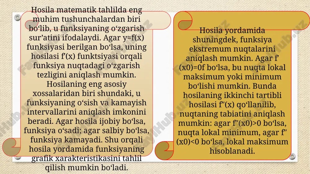 vizual tarzda tushunish imkonini beradi. natijada, hosila yordamida funksiya grafigini chizish algoritmi nazariyani amaliyotga tatbiq etishning qulay va aniq vositasi bo‘lib, u o‘sish va kamayish intervallari, ekstremum va infleksiya nuqtalari, teginish chiziqlari va egiluvchanlik xususiyatlarini aniqlash imkonini beradi. bu jarayon nafaqat matematik tahlil uchun, balki iqtisodiyot, fizika va boshqa fanlarda optimal yechimlarni topishda ham keng qo‘llaniladi. hosila matematik tahlilning nafaqat nazariy, balki amaliy jihatdan ham keng qo‘llaniladigan vositasidir. u turli fan va sohalarda funksiya grafigini tahlil qilish, optimal yechimlarni aniqlash va qaror qabul qilish jarayonlarida muhim rol o‘ynaydi. iqtisodiyotda hosila yordamida ishlab chiqarish, xarajat va foyda funksiyalarini tahlil qilish keng qo‘llaniladi. masalan, ishlab chiqarish funksiyasining hosilasi har bir qo‘shimcha birlik mahsulot qo‘shilishidan hosil bo‘ladigan qo‘shimcha daromadni ko‘rsatadi. shu tariqa, maksimal foyda nuqtasini aniqlash uchun hosila f′(x)=0 sharti bo‘yicha tahlil qilinadi va ishlab chiqarish hajmini optimallashtirish mumkin bo‘ladi. fizika va muhandislik sohalarida hosila obyektning harakati, tezligi va tezlanishini aniqlashda asosiy vosita …