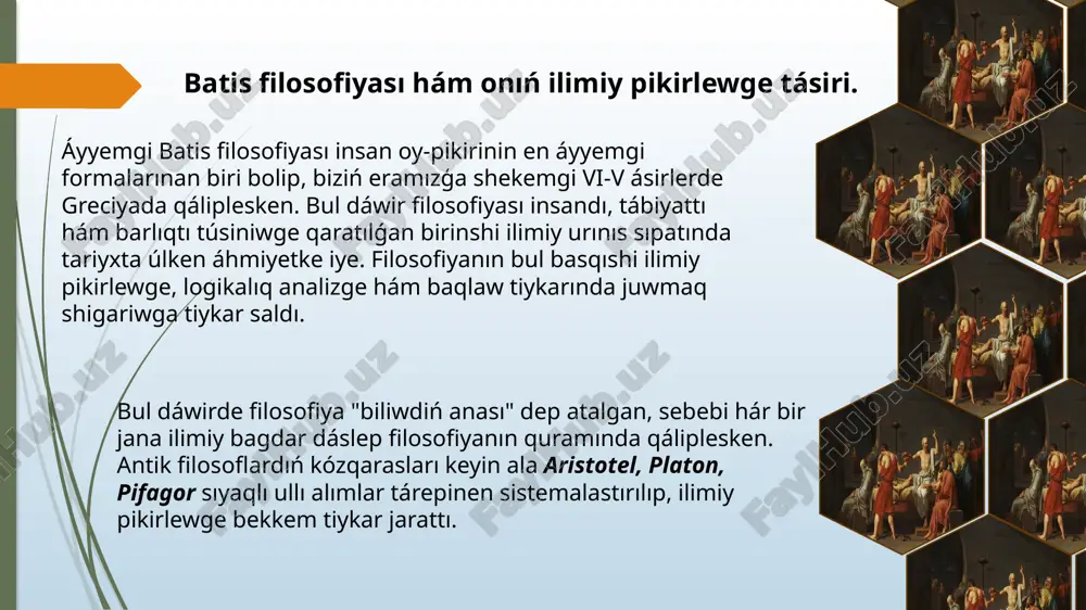 n qálbi hám erki haqqında tereń pikirler bildirgen. avgustinnin pikirinshe, haqıyqıy bilim tek gana isenim arqalı tabıladı, biraq aqıl bul isenimdi túsiniwge járdem beredi. ol "isen, sonda túsineseń" degen ideyanı alǵa qoyǵan. anselm kenterberiyalı (1033-1109) bolsa qudaydıń bar ekenligin logikalıq jol menen dálillewge uringan. ol jaratqan ontologiyalıq dálil keyinirek filosofiyada quday haqqındaǵı dálillerdiń eń belgili formasına aylangan. foma akvinskiy (1225-1274) bolsa aristoteldiń filosofiyasın xristianlıq táliymatı menen birlestirgen. oǵan kóre, aqıl hám isenim qarama-qarsı emes, al bir-birin tolıqtıradı. foma akvinskiy "tábiyat nizamları qudaydıń danalıǵın sáwlelendiredi" dep esaplagan. onıń kózqarasları keyin ala evropa universitetleriniń filosofiya hám teologiya sistemasına tereń tásir kórsetken. sonday-aq, albert buyik tábiyiy pánler hám dindi úylestiriwge umtılgan. ol ósimlikler, haywanlar hám minerallardı úyrenip, tájiriybege tiykarlangan ilimiy analiz usılın qollagan. sol sebepli, ol batıs ilim-pán tariyxında "tájiriybe pániniń tiykarın salıwshılardan biri" sıpatında tanılǵan. skolastika usılı arqalı filosoflar hár bir máseleni dálil menen dálillewdi ádetke aylandırdı. bul jantasıw logika, filosofiya hám …