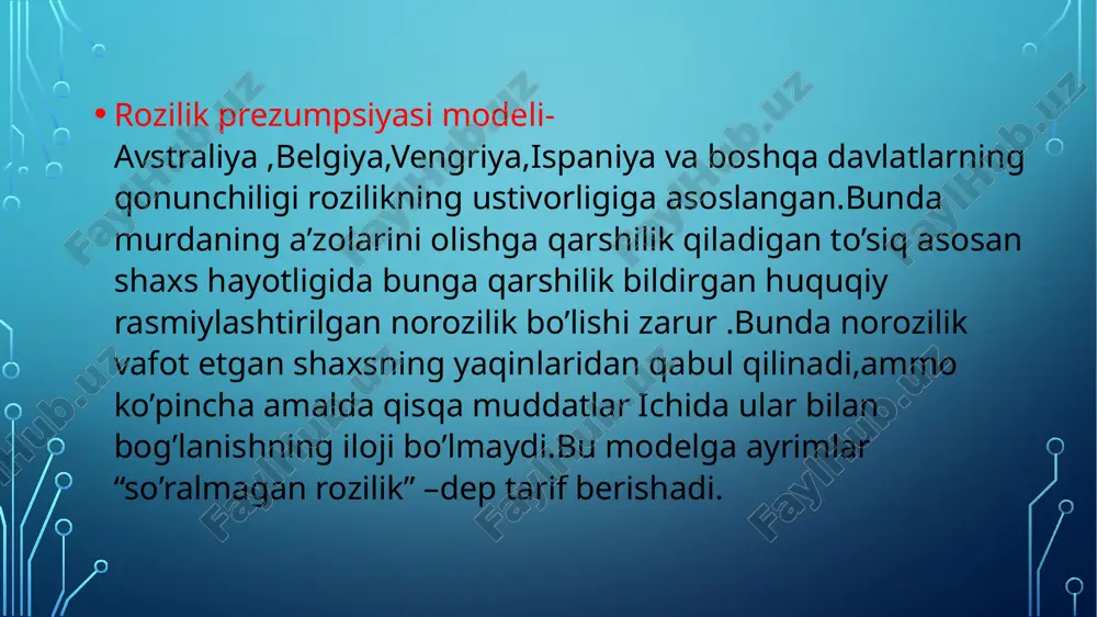 lador ayollarga; shaxsi aniqlanmagan shaxslarga; muayyan yashash joyi bo‘lmagan shaxslarga; «mehribonlik», «saxovat» va «muruvvat» uylarida yashovchi shaxslarga; a’zosi va (yoki) to‘qimalari ilgari transplantatsiya uchun olingan shaxslarga. etiboringiz uchun raxmat! image3.jpeg image4.jpeg image5.jpeg image6.jpeg image2.png /docprops/thumbnail.jpeg
