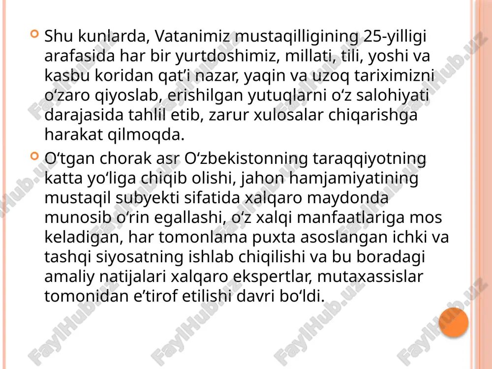 t yarmarkalari va yoshlarni ijtimoiy himoya qilishga qaratilgan yana ko‘plab dasturlarning amaliyotga tatbiq etilayotgani yoshlarimizning ertangi kunga bo‘lgan ishonchini mustahkamlab, ularni yangi-yangi marralar sari chorlamoqda. shuningdek, yosh tadbirkor, hunarmand va fermerlar loyihalarini moliyalashtirishni tartibga soluvchi 10 dan ortiq normativ-huquqiy xujjatlar qabul qilindi va bu borada samarali tizim yaratildi. bugungi yoshlarimiz o‘z taqdirini vatan va millat taqdiri bilan uzviy holda ko‘rmoqda. ular belni mahkam bog‘lab, “mana, men borman”, deb dadil hayotga kirib kelmoqda. ko‘zlari chaqnab turadigan, komputerda ishlash bo‘ladimi, xorijiy tillarni o‘rganish bo‘ladimi, ilm-fan, madaniyat va san’at, sport bo‘ladimi – qaysi sohada bo‘lishidan qat’i nazar, dunyodagi tengdoshlaridan qolishmaydigan o‘g‘il-qizlarimiz o‘z qobiliyat va iste’dodini amalda isbotlamoqda. fikrga qarshi fikr, g‘oyaga qarshi g‘oya, jaholatga qarshi ma’rifat bilan kurashish maqsadida ommaviy axborot vositalari, xususan, o‘zbekiston milliy teleradiokompaniyasi tomonidan ham qator ishlar amalga oshirilmoqda. “bu ham muhim”, “munosabat”, “nigoh”, “hidoyat sari” kabi ko‘rsatuvlar, “jarayon”, “hayot va qonun”, “virtual dunyo”, “menga so‘z bering” kabi radioeshittirishlarning ma’naviy-mafkuraviy …