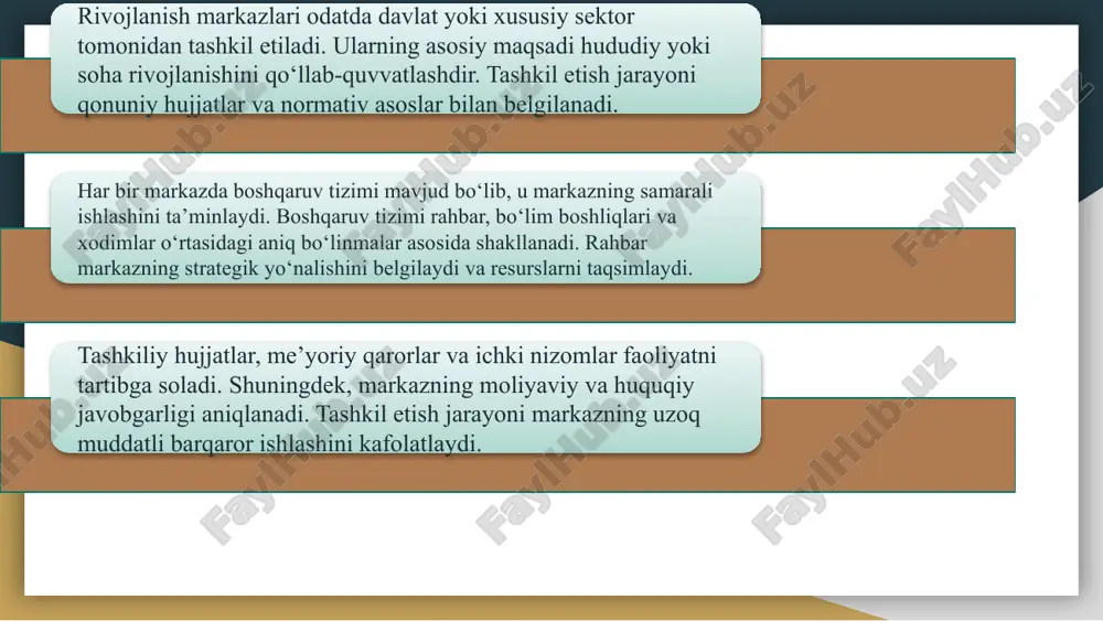 yuzaga keladigan muammolar darhol aniqlanadi va hal etiladi. ish jarayoni elektron tizimlar va zamonaviy texnologiyalar yordamida optimallashtiriladi. shu tarzda markazning faoliyati tartibli va samarali bo‘ladi. markaz faoliyatining samaradorligi doimiy baholash va monitoring orqali aniqlanadi. samaradorlik ko‘rsatkichlari, loyihalarning natijasi va xizmatlarning sifati asosida o‘lchanadi. ichki va tashqi auditlar faoliyatni tekshirishga yordam beradi. mijozlar va foydalanuvchilar fikri ham baholash mezoni sifatida qo‘llaniladi. monitoring jarayoni markazning kuchli va zaif tomonlarini aniqlash imkonini beradi. shu orqali faoliyatni takomillashtirish bo‘yicha tavsiyalar ishlab chiqiladi. samaradorlikni baholash uchun indikatorlar belgilangan muddatlarda yangilanadi. natijalar asosida xodimlar va bo‘limlar ishini optimallashtirish rejalari tuziladi. monitoring tizimi markaz ishining shaffofligini ta’minlaydi va foydalanuvchilar ishonchini oshiradi. rivojlanish markazlarining tajribasi va istiqbollari rivojlanish markazlari faoliyatida mahalliy va xalqaro tajribalarni o‘rganish muhimdir. mahalliy tajribada markazlar hududiy ehtiyojlar va ijtimoiy muammolarni hal qilishga yo‘naltirilgan. masalan, hududiy rivojlanish loyihalari, kasbiy tayyorlash dasturlari va ijtimoiy xizmatlar samarali natija beradi. xalqaro tajriba esa ilg‘or metodlar va texnologiyalarni qo‘llash …