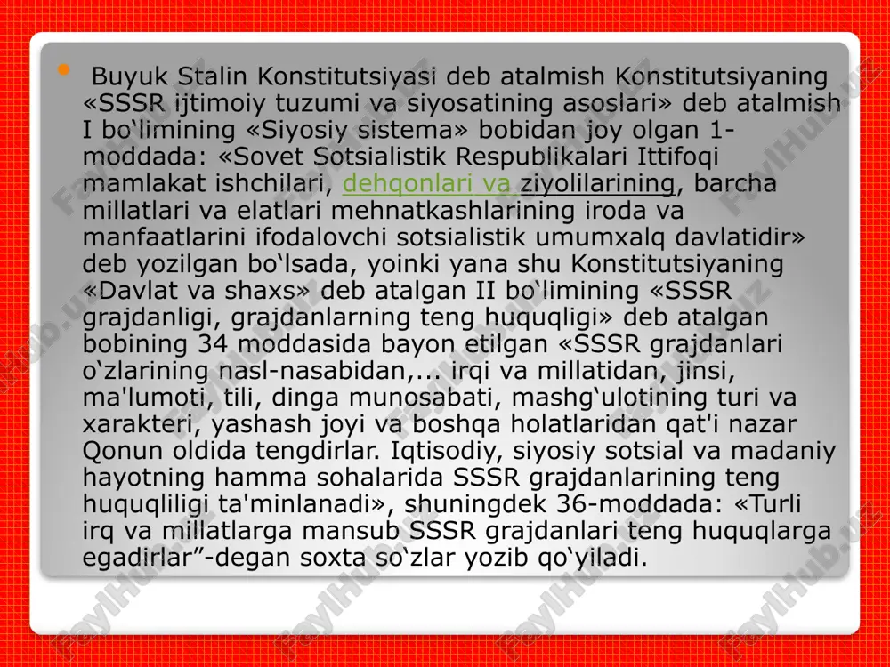 tadbiq etilar edi. bulardan tashqari 1990 yil sharoitiga kelganda yig‘ilib qolgan ko‘plab milliy, siyosiy, iqtisodiy, ijtimoiy, ayniqsa ma'naviy rivojlanish muammolari nihoyatda keskin tus olgan edi. respublikamiz oldidagi mana shunday dolzarb muammolarni hal etishda prezidentlik lavozimi keng imkoniyatlarni ochib berishi mumkin edi. 1990 yil 20 iyun kuni o‘zbekiston ssr oliy sovetining xii chaqiriq ikkinchi sessiyasi yana bir tarixiy hujjat - «mustaqillik deklaratsiyasi» ni qabul qildi. «bo‘lajak mustaqil davlatlar... erkin, mustaqil va teng huquqli bo‘lib qolishlari, o‘zlarining milliy davlat tuzish, tashqi bozorga chiqish, o‘zi ma'qul topgan barcha mamlakatlar bilan xalqaro munosabat o‘rnatish, diplomatik va konsullik aloqalari masalalarini mustaqil hal etishlari kerak. bu hyech kimning buyrug‘isiz va aralashuvisiz mustaqil amalga oshirilishi kerak. mana shu sharoitga, sabablarga asoslanib, xalqimiz hoxish-irodasini bajo keltirib, oliy kengash diqqatiga faqat bir masalani qo‘ymoqchiman: o‘zbekistonning mustaqilligi haqidagi qonunni muhokama etish va uni qabul qilishni taklif etaman. bu qonunda qadimiy va yangilanayotgan diyorimizda istiqomat qilayotgan barcha kishilarning hoxish-irodasi o‘z ifodasini …