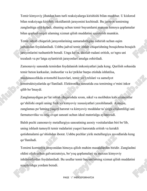 unga ko‘ra, dastlab rudani eritish, so‘ngra uni tozalash va po‘latga aylantirish jarayonlari amalga oshiriladi. zamonaviy sanoatda temirdan foydalanish imkoniyatlari juda keng. qurilish sohasida temir beton karkaslar, inshootlar va ko‘priklar barpo etishda ishlatilsa, mashinasozlikda avtomobil kuzovlari, temir yo‘l relslari va samolyot konstruktsiyalarida qo‘llaniladi. elektronika sanoatida esa temirning o‘rnini inkor qilib bo‘lmaydi. zanglamaydigan po‘lat ishlab chiqarishda xrom, nikel va molibden kabi elementlar qo‘shilishi orqali uning fizik va kimyoviy xususiyatlari yaxshilanadi. ayniqsa, zanglamas po‘latning yuqori harorat va kimyoviy moddalar ta’siriga chidamliligi uni farmatsevtika va oziq-ovqat sanoati uchun ideal materialga aylantiradi. balsh pechi zamonaviy metallurgiya sanoatining asosiy vositalaridan biri bo‘lib, uning ishlash tamoyili temir rudalarini yuqori haroratda eritish va kerakli qotishmalarni qo‘shishdan iborat. ushbu pechlar yirik metallurgiya zavodlarida keng qo‘llaniladi. temirni korroziya jarayonidan himoya qilish muhim masalalardan biridir. zanglashni oldini olish uchun galvanizatsiya, bo‘yoq qoplamalari va maxsus kimyoviy inhibitorlardan foydalaniladi. bu usullar temir buyumlarning xizmat qilish muddatini uzaytirishga yordam beradi. bundan tashqari, temirni tozalash …