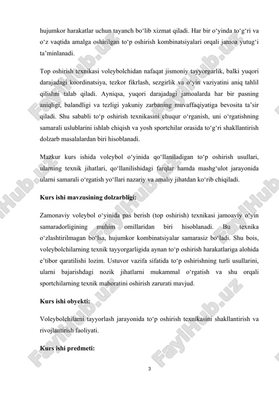 lanish nuqtasini belgilaydi. top oshirish yordamida o‘yin tezligini belgilash mumkin. 2. raqibni xafa qilish va o‘z pozitsiyasini aniqlash: yaxshi amalga oshirilgan top oshirish raqibning pozitsiyasini buzadi va uning himoyasini zaiflashtiradi. o‘yinchi to‘pni raqibning himoya zonasiga mos ravishda oshirishi lozim, shunda raqibni zaif joydan hujum qilishga majbur qiladi. 3. hujumni boshlash: top oshirish o‘yinni raqibga qarshi hujumni tashkil qilishning birinchi bosqichidir. hujumni to‘g‘ri va samarali boshlash orqali jamoa raqibning himoyasini yorib o‘tishga erishadi. agar to‘p oshirish muvaffaqiyatli amalga oshirilsa, bu jamoaning hujum imkoniyatlarini kengaytiradi. 4. taktik yondashuvlarni amalga oshirish: voleybolda top oshirish turli taktik yondashuvlar va strategiyalar asosida bajariladi. masalan, to‘pni raqibning kuchli himoya zonasidan uzoqroqqa, masalan, orqa maydonga yoki burchaklarga oshirish orqali jamoa o‘zining taktikasini amalga oshirishi mumkin. top oshirishning o‘yin davomida ahamiyati: 1. o‘yinning ritmini belgilash: topni oshirish orqali jamoa o‘yin ritmini belgilaydi. masalan, tezkor servislar o‘yinni tezlashtirishi mumkin, aksincha, uzoq vaqt davomida maxsus texnik servislardan foydalanish o‘yinni sekinlashtiradi …