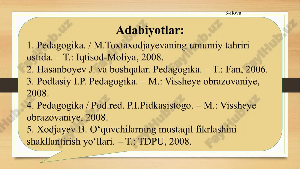 b-b chizmasi. o‘qitish bo‘yicha qo‘llanma. bir-biriga o‘rgatish. bir-biridan so‘rash. ikki qismli kundaliklar. eng asosiy tushunchalar eng asosiy tushunchalar, takrorlash. t-chizma. konseptual jadval. venn diagrammasi. nilufar guli. besh minutlik esse. o‘n minutlik esse. interfaol metodlar 14-ilova ta’lim metodlarini tanlab olish shartlari 1. ta’limning umumiy maqsadlari. 2. fanning va o‘rganilayotgan mavzuning mazmuni hamda o‘ziga xosliklari. 3. biror fanni o‘qitish metodikasining o‘ziga xosliklari. 4. materialni o‘rganishga ajratilgan vaqt. 5. o‘quv mashg‘ulotining maqsadi, vazifalari va mazmuni. 6. o‘quvchilarning yoshi va bilish imkoniyatlari. 7. o‘quvchilarning tayyorgarlik darajasi. 8. ta’lim muassasasining moddiy ta’minlanganligi. 9. o‘qituvchining nazariy, amaliy va metodik tayyorgarligi, pedagogik mahoratni egallaganlik darajasi. ta’lim metodlari motivatsiyali rivojlantiruvchi tashkiliy tarbiyaviy ta’limiy tarbiya metodlarining asosiy funksiyalari 15-ilova 16-ilova ta’lim metodlarining funksiyalari ta’lim maqsadi va funksiyalari boshqaruv funksiyalari ta’limiy tarbiyaviy rivojlantiruvchi rag’batlash tashkil etish nazorat qilish e’tiboringiz uchun rahmat! image5.png image6.png image7.png image8.png image2.jpeg image3.png image4.png