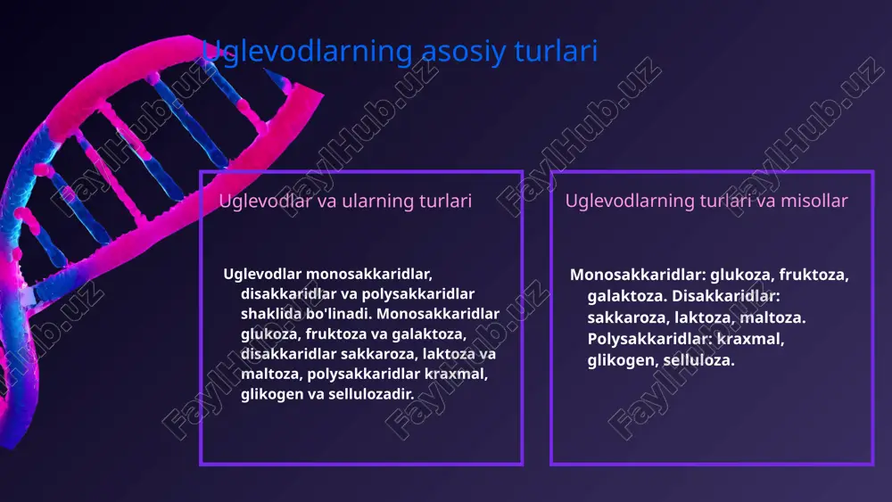 him. mushaklar uchun tezkor energiya beradi. ovqatlanishdagi o'rni to'g'ri ovqatlanishda uglevodlar muhim. ular muvozanatli ratsion va sog'liq uchun zarur bo'lib, oqsil va yog'lar bilan birga bo'lishi kerak. sog'lom hayot uchun muvozanat sog'lom hayot uchun uglevodlar ratsionda muvozanatli bo'lishi kerak. meva, sabzavot va butun don mahsulotlarida bo'lishi muhim. uglevodlar inson organizmida qon shakar darajasini boshqarishda muhim rol o'ynaydi, ammo ortiqcha qabul qilish diabet va yurak-qon tomir kasalliklariga olib kelishi mumkin. dr. akmal karimov xulosa uglevodlar organizm uchun muhim energiya manbaidir. ular monosakkaridlar, disakkaridlar va polysakkaridlar shaklida bo'lib, har biri o'zining funktsiyalariga ega. uglevodlar almashinuvi energiya ishlab chiqarish uchun muhim. sog'lom uglevodlar tanlang, diabet va yurak kasalliklaridan saqlaning, sog'liqni mustahkamlash uchun muhimdir. e'tiboringiz uchun rahmat! image1.png image2.png image11.jpeg image6.png image7.png image8.png image9.png image5.png image13.jpeg image14.jpeg image10.png image12.png