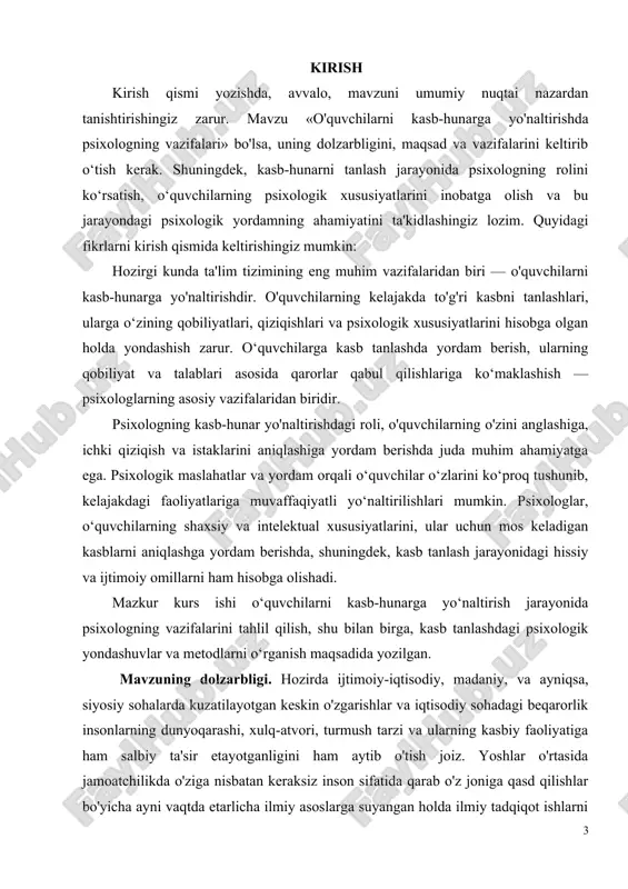 a boshqa mutaxassislar suisidial xulq–atvor shakllari haqida etarli ma'lumotga ega emas. o'z vaqtidagi psixologik yordam, o'smirlarni hayotning har qanday vaziyatlariga astoydil psixologik tayyorgarlik bunday nohush holatlarning oldini olgan bo'lar edi. ta'lim tizimidagi suisid muammosining oldini olishning echimi kadrlar masalasiga bog'liq, birinchi galda maktab psixologi, o'qituvchi va tarbiyachini tayyorlash lozim. pedagogika, psixologiya, medisinaga doir qo'shimcha tayyorgarliklar suisidial hatti – harakatga ega o'quvchining muammosining oldini olish va korrektsiya qilish mohirlik bilan echishga yordam beradi. kurs ishining maqsadi: o'smirlarda suisidial xulq-atvorni psixologik xususiyatlarini empirik tadqiq etish hamda psixologik-pedagogik tavsiyalar ishlab chiqishdan iborat. kurs ishining vazifasi. 1. mavzu yuzasidan psixologik, pedagogik adabiyotlar nazariy taxlilini amalga oshirish. 2. o‘quvchilardagi depressiv holat va suitsidial xulq-atvor o‘rtasidagi bog‘liqlikni empirik tadqiq etish. 3. pedagogik-psixologik tavsiyalar ishlab chiqish. kurs ishining predmeti: o'quvchilarda namoyon bo'ladigan suitsidial xulq-atvorning psixologik xususiyatlari tashkil qiladi. kurs ishining metodologik asosi. yangi tahrirdagi «ta’lim to‘g‘risida»gi qonun, yoshlar ma’naviyatini yuksaltirishga qaratilgan davlat dasturlari, o‘zbekiston respublikasi prezidentining farmonlari; …