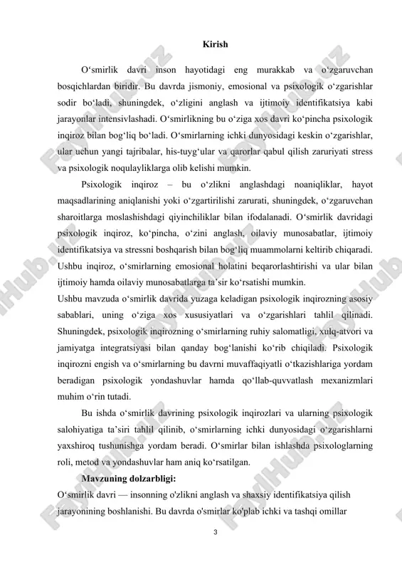 g maqsadi o‘smirlik davrida yuzaga keladigan psixologik inqirozning mohiyatini, uning sabablarini va ta'sirlarini aniqlash, shuningdek, bu davrda psixologik yordam ko‘rsatish usullarini ishlab chiqishdan iborat. o‘smirlik davrida shaxsiy inqirozni boshqarish va uning ijtimoiy moslashuvini ta’minlash muhim vazifadir. vazifalari: · o‘smirlik davrining psixologik xususiyatlarini o‘rganish: bu davrning asosiy psixologik jihatlari va unga xos bo‘lgan ziddiyatlarni tahlil qilish. · psixologik inqirozning sabablari va oqibatlarini aniqlash: o‘smirlik davrida yuzaga keladigan psixologik inqirozning tashqi va ichki omillarini tahlil qilish. · psixologik inqirozning o‘smer shaxsiyatiga ta’siri: o‘smirning o‘zini anglash va dunyoqarashining o‘zgarishi, hissiy holatlari va munosabatlaridagi o‘zgarishlarni ko‘rib chiqish. o‘smirlar bilan ishlashda psixologik yordam usullarini ishlab chiqish: o‘smirlarning psixologik inqirozini boshqarish va ularga yordam berish uchun pedagogik va psixologik strategiyalarni ishlab chiqish. ijtimoiy va pedagogik yondashuvlarni aniqlash: o‘smirlar bilan ishlashda ijtimoiy va pedagogik yondashuvlarning samaradorligini tahlil qilish va ularni takomillashtirish. kurs ishining metodologik asosi: psixologik yondashuvlar: o‘smirlik davrining psixologik xususiyatlari va inqirozning sabablarini tushunishda kognitiv-psixologik, gumanistik …