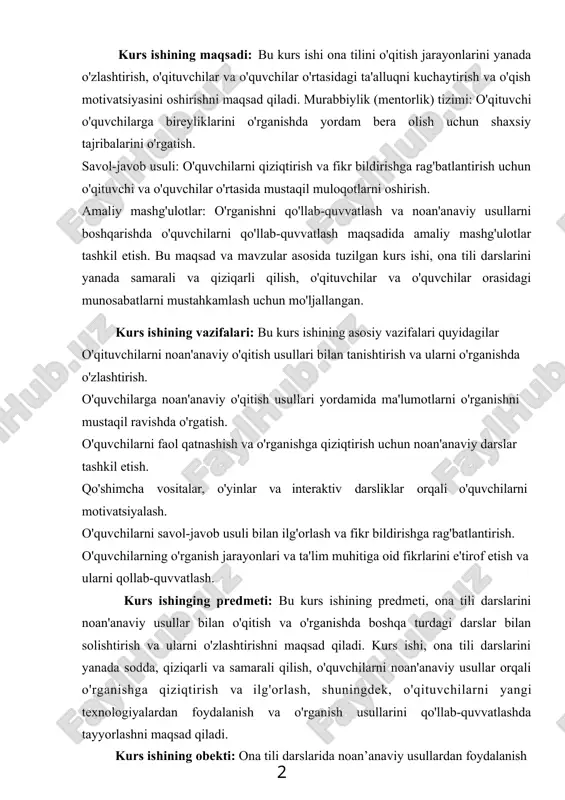 ritilgan. 1991-yilning 12-13-aprelida samarqand shahrida “o‘zbek tilini o‘rganish va o‘qitishni qayta qurish hamda takomillashtirishning dolzarb masalari”, 1993-yilning 8-9-aprelida qarshi sharida “ta`lim bo‘g`inlarida ona tili o‘qitish mazmunini yangilash asoslari”, 1995-yilning 7-8 aprelida jizzax shahrida “ta`lim jarayonida so‘z boyligini oshirishning asosiy omillari”, 1997-yilning 11-12- aprelida toshkent shahrida “ta`lim jaroyonida matn ustida ishlashning asosiy omillari”ga bag`ishlangan o‘zbek tili doimiy anjumanining to‘rtinchi yig`ini bo‘lib, unda 193 maruza o‘qilgan. bundan tashqari 1999, 2001, 2003, 2005, 2007, 2009, 2011 yillarda ham o‘zbek tili doimiy anjumani yig‘ilishlari bo‘lib o‘tgan. ulardagi mingdan ortiq ma’ruzalar ona tilimizni rivojlantirishga bag‘ishlangan. 9 i bob. ona tili darslarida interfaol usullarning ahamiyati… 1.1. ona tili darslarida interfaol usullarning ahamiyati ona tili darslari madsadga ko‘ra to‘rt tipga ajratiladi: yangi materialni o‘rgatish va mustahkamlash, o‘tilganlarni takrorlash va malaka hosil qilish, bilim va malakalarni umumlashtiruvchi, bilim va malakalarni tekshirish darslari. yangi materialni o‘rgatish va mustahkamlash darslari ta’lim jarayonining eng ko‘p qismini ishg‘ol etadi. bu dars tipining …