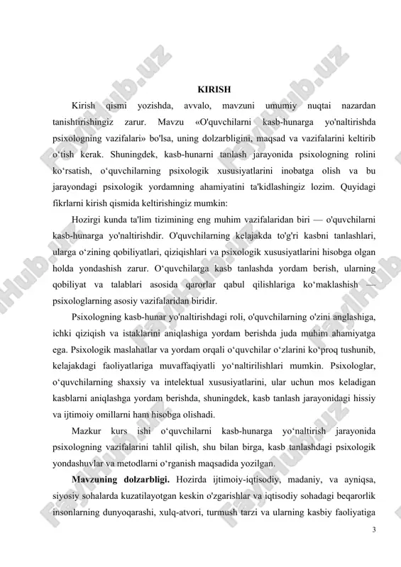 sa maktab psixologi, bolaning xulq buzilishlarini oldini olishda asosiy rolga ega bo'lishi mumkin. respublikamizda bolalar suisidi bo'yicha olib borilgan pedagogik tadqiqotlar shuni ko'rsatdiki, pedagoglar, ota-onalar va boshqa mutaxassislar suisidial xulq–atvor shakllari haqida etarli ma'lumotga ega emas. o'z vaqtidagi psixologik yordam, o'smirlarni hayotning har qanday vaziyatlariga astoydil psixologik tayyorgarlik bunday nohush holatlarning oldini olgan bo'lar edi. ta'lim tizimidagi suisid muammosining oldini olishning echimi kadrlar masalasiga bog'liq, birinchi galda maktab psixologi, o'qituvchi va tarbiyachini tayyorlash lozim. pedagogika, psixologiya, medisinaga doir qo'shimcha tayyorgarliklar suisidial hatti – harakatga ega o'quvchining muammosining oldini olish va korrektsiya qilish mohirlik bilan echishga yordam beradi. i bob. yoshlarni to’g’ri kasb tanlashga yo’naltirish hayot sifatini oshirishning omili sifatida 1.1.o’quvchi yoshlarni kasbga yo’naltirish va undagi muhim jihatlar yoshlarni to'g'ri kasb tanlashlari va o'z sohasining yetuk mutaxassislari bo'lishlarida kasblarning inson oldiga qo'yadigan talablarini bilish muhimdir. mazkur rejada har qanday kasb egasi o'z sohasini to'g'ri tanlay olishi uchun qanday kasbiy va shaxsiy …