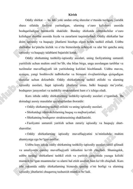iyatini boshqaradi va o‘z shaxsiy mol-mulklari bilan javobgar hisoblanadi.jamoa shirkatlari: jamoa shirkatlari ko‘pincha ijtimoiy maqsadlarni ko‘zlab tashkil etiladi, ular o‘z faoliyatida jamoaviy manfaatlarni hisobga olgan holda ish yuritadilar.aksiyadorlik jamiyati (aj): aksiyadorlik jamiyati yirik kompaniyalar uchun keng tarqalgan shirkat shaklidir. bu turdagi shirkatda kapital aksiyalar orqali taqsimlanadi, va aksiyadorlar o‘z ulushiga qarab foyda olishadi. shirkatning tashkil etilishining asosiy bosqichlari: shartnoma tuzish: shirkatni tashkil etishda birinchi bosqich — hamkorlar o‘rtasida shartnoma tuzishdir. ushbu shartnomada shirkatning maqsadlari, faoliyat yo‘nalishlari, foyda va zarar taqsimoti, hamkorlarning huquq va majburiyatlari aniq belgilanadi. kapitalni shakllantirish: shirkatning boshlang‘ich sarmoyasi (kapitali) ishtirokchilar tomonidan kiritiladi. bu kapital shirkatning faoliyatini boshlash uchun zarur bo‘lgan moliyaviy resurslarni ta’minlaydi.ro‘yxatdan o‘tish: shirkat yuridik shaxs sifatida davlat organlari tomonidan ro‘yxatga olinadi. bu bosqichda shirkatning huquqiy maqomi tasdiqlanadi va u faoliyatni qonuniy tarzda yurita boshlaydi. boshqaruv tizimi: shirkatning faoliyatini boshqarish tizimi hamkorlar o‘rtasida kelishilgan tarzda tashkil etiladi. boshqaruv organlari va qarorlar qabul qilish mexanizmi belgilab olinadi. …