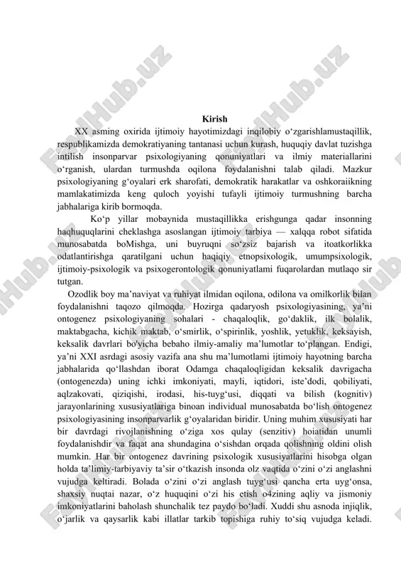 asi xususiyatlaridan kelib chiqqan holda ruhiy turtki berish maqsadga muvofiqdir. i bob. psixometriyada o’lchov muommolari va test punktlarining xususiyatlarining ilmiy adabiyotlardagi taxlili 1.1.perinatal va chaqaloqlik davrida psixofiziologik rivojlanishga xos xususiyatlar haqida umumiy tushuncha. bolaning ona qornidagi o’sish davri onaning organizmiga uzviy bog’liq holda kechadi. chaqaloqning bar cha hayotiy funksiyalari – ovqatlanish, nafas olish, nafas chiqarish, havo haroratining o’zgarishiga va atmosferadagi moddalar almashinuviga moslashish va hokazolar onaning organizmi orqali amalga oshadi. chaqaloqning tug’ilishi sifat o’zgarish daqiqasi, ijtimoiy rivojlanishning yangi ko’rinishi boshlanadigan nuqta ekanligi bilan muhim ahamiyatga egadir. shuning uchun tug’ilish tabiatning chaqaloq organizmiga kuchli larzaga keltiruvchi mo’jizasidir. bunda ona qornidagi barqaror muhitda yashagan jonzot favqulodda yangi sharoitga, son-sanoqsiz xossa va xususiyatlarga ega bo’lgan qo’zg’ovchilar doirasiga tushadi. avval chaqaloq organizmining ona organizmidan ajralishi sodir bo’lib, ijtimoiy-tabiiy sharoitlarga moslashuvi boshlanadi. uning murg’ak organizmida tub o’zgarishlar ro’y beradi, unda yangi sharoitlarga ko’nikish davri kurashlar ostida o’tadi. chaqaloq organizmi miqdor va sifat o’zgarishlariga, tashqi olamniig …