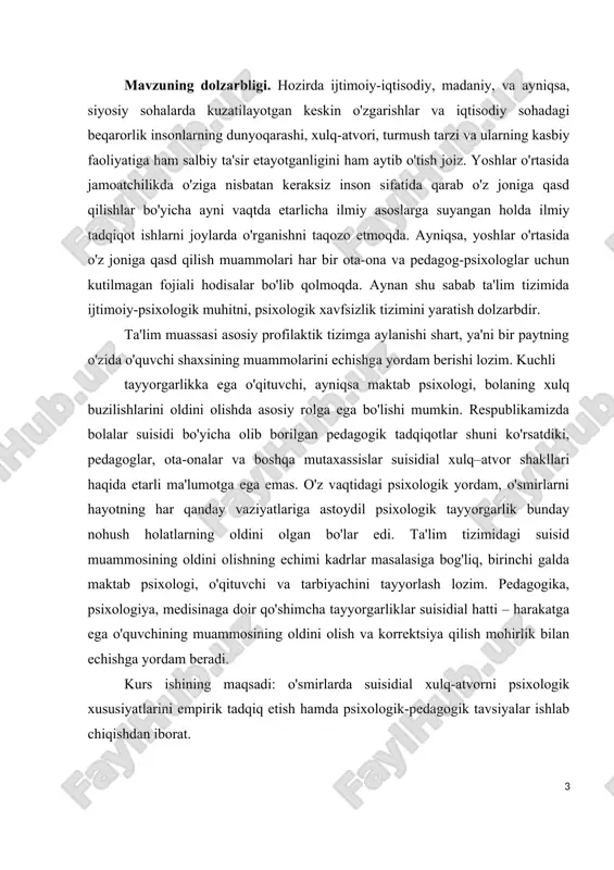 nazariya va konsepsiyalari, a. g. ambrumova tomonidan ishlab chiqilgan suitsid omillari klassifikatsiyasi tashkil qiladi. ishning tuzilishi va hajmi. kurs ishi 2 bob, 4 bo’lim, xulosa, tavsiya va foydalanilgan adabiyotlar ro’yxati qismidan iborat. kurs ishi jami 36 betdan iborat. kirish hozirgi kunda insonlarning hayoti tez sur’atlar bilan o‘zgarib bormoqda. shunday sharoitda o‘zini anglash, maqsadlarni belgilash va ularga erishish muhim ahamiyat kasb etadi. o‘zgacha hayot tarzini shakllantirish, o‘zini o‘zi nazorat qilish va o‘zgarishlarga moslashish – bularning barchasi muvaffaqiyatli va baxtli hayot uchun zarur omillardir. shu bois, o‘zini kuzatish va nazorat qilish metodi, insonning o‘z xulq-atvorini va ruhiy holatini boshqarish uchun zarur bo‘lgan vositalardan biri sifatida ajralib turadi.o‘zini kuzatish va nazorat qilish– bu o‘zini tahlil qilish, o‘z xatti-harakatlarini o‘rganish va ularni kerakli tarzda boshqarish jarayonidir. ushbu metod, shaxsning o‘z ustida ishlashi, o‘zgarishlarni amalga oshirishda muhim rol o‘ynaydi. bu jarayon, nafaqat psixologik farovonlikni yaxshilash, balki individual maqsadlarga erishish uchun ham muhimdir.ushbu kurs ishida, o‘zini …