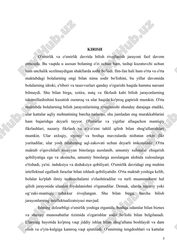 darajada kengayishini va o'zlari, odamlari, atrofidagi dunyo haqidagi bilimlarni chuqurlashtirishni anglatadi. bolaning o'zini o'zi anglashining rivojlanishi asosiy faoliyatning motivatsiyasining o'zgarishida namoyon bo'ladi: o'rganish, muloqot va mehnat. boshlang'ich maktab yoshiga xos bo'lgan sobiq bolalar motivlari o'zlarining motivatsion kuchlarini yo'qotadi. ularning o'rnida yangi, kattalar motivlari paydo bo'ladi va mustahkamlanadi, bu faoliyatning mazmuni, maqsad va vazifalarini qayta ko'rib chiqishga olib keladi. ilgari etakchi rol o'ynagan faoliyat turlari, masalan, o'yin, eskirib, ikkinchi o'ringa tushib keta boshlaydi. faoliyatning yangi turlari paydo bo'ladi, eskilari o'zgaradi va aqliy rivojlanishning yangi bosqichi boshlanadi. tadqiqotning yangiligi shundaki, o'smirlik davrida bilish faoliyatni o'z-o'zini nazorat qilish yaxshilanadi, bu birinchi navbatda natija yoki berilgan naqsh asosida nazorat, keyin esa protsessual nazorat, ya'ni. faoliyatning istalgan lahzasini yoki qadamini tanlash va tanlab boshqarish qobiliyati. o'smirlik davriga qadar ko'plab bolalar hali ham faoliyatni oldindan rejalashtirish qobiliyatiga ega emaslar, biroq ayni paytda o'z-o'zini tartibga solish istagi bor. bu, xususan, qiziqarli, intellektual qiziqarli mashg'ulotlarda yoki obro'-e'tiborga asoslangan …