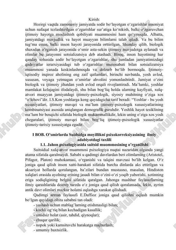 joniga qasd qilish jamiyatning kushli ta’siriga asoslangan shaxsning alohida psixologik holatining natijasidir. bu esa s.bogomlova ta’rifisha: “o‘z joniga qasd qilish psixologik hodisa bo‘lib, uni tushunish ushun o‘z joniga qasd qilishga qaror qilgan odamning ruhiy holatini... psixologiyasini tushunish kerak deb ta’kidlab o’tadi. bundan tashqari u o‘z joniga qasd qilish - bu, birinshi navbatda, umidsizlik psixologiyasi ...” deb aytib o‘tadi. umuman suitsidal xulq-atvor va suitsidal xavf omillari bir qator mamlakatimiz va shet el olimlari tomonidan tadqiq qilinib kelinmoqda. ushbu masalalarga bag‘ishlangan ilmiy mushoxadalar: g.deshais, e.dyurkgeym, z.freyd, g.k.yung, g.s.salliven, k.rodjers, v.frankl, e.shneydman, m.farber, n.farberou, f.baumeister, s.j.sher, dj.mann, m.asberg, v.i.braunlarning tadqiqotlarida o‘z ifodasini topgan. “o‘z joniga qasd qilish” atamasi lotinsha “sui” - o‘zini-o‘zi, “saedere” - o‘ldirishdan kelib shiqqan va insonning hayotdan o‘zini-o‘zi mahrum qilish harakati degan ma’noni anglatadi. "o‘z joniga qasd qilish xulq-atvori" atamasi birinshi marta 1947-yilda g.deshais tomonidan kiritilgan. e.dyurkgeym ta’rifiga ko‘ra, (o‘z joniga qasd qilish haqidagi birinshi fundamental ish muallifi): "o‘z joniga …