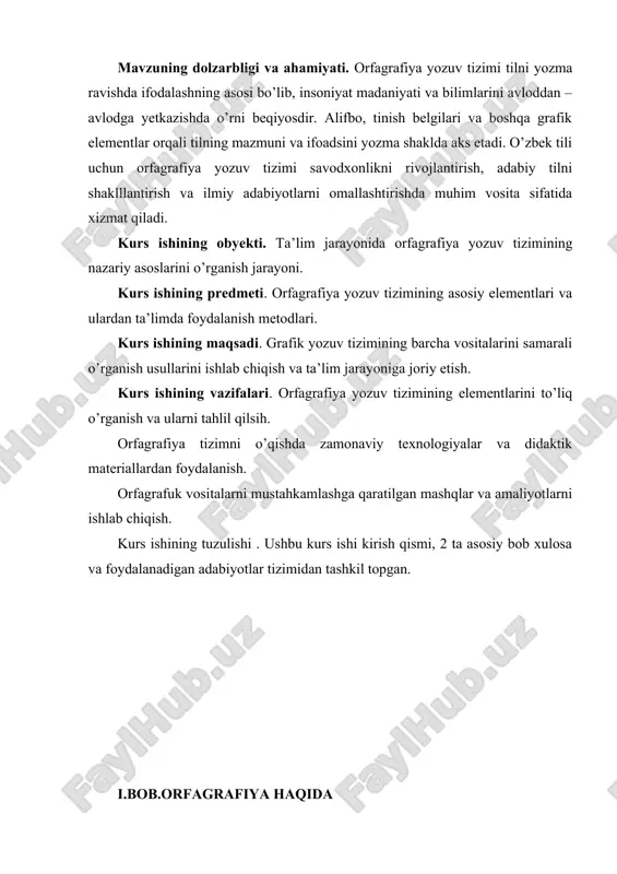 ‘rgatiladi. orfografiyaning o‘rganilishi orfografiyaning o‘rganilishi o‘quvchilarning yozuv ko‘nikmalarini rivojlantiradi. o‘quvchilar to‘g‘ri va aniq yozishni o‘rganishlari, shu bilan birga tilning qoidalariga va normalariga rioya qilishni o‘rganadilar. · tahlil va mashqlar: orfografiya o‘rganishda tahlil va mashqlar orqali o‘quvchilarni so‘zlarni to‘g‘ri yozishga o‘rgatish mumkin. so‘zlarni bo‘lish, qoidalarni aniqlash va yozishni tekshirish mashqlari ko‘pincha ishlatiladi. · yozma ishlar: yozma ishlar orqali o‘quvchilar orfografiyani o‘zlashtiradilar. so‘zlarni to‘g‘ri yozish, tinish belgilari bilan ishlash, va matnni ravon yozish ko‘nikmalari rivojlanadi. · matnlar bilan ishlash: o‘quvchilarga tayyor matnlarni tahlil qilish va ularning orfografiyasini tekshirish, to‘g‘ri yozish qoidalariga rioya qilishni o‘rgatadi. orfografiya va grammatika o‘rtasidagi farq orfografiya va grammatika o‘rtasida ayrim farqlar mavjud. grammatika tilning tuzilishini o‘rgatadi, ya'ni so‘zning qanday qo‘llanishini, ularning bir-biriga qanday bog‘lanishini, va grammatik vazifalarni. orfografiya esa yozuvni tartibga soladi va so‘zlarning yozilishiga oid qoidalarga qaratilgan. orfografiyaning ahamiyati orfografiya o‘rganish nafaqat savod o‘rgatishda, balki o‘quvchilarning nutq madaniyatini rivojlantirishda ham muhim rol o‘ynaydi. yozuvda aniq va to‘g‘ri …