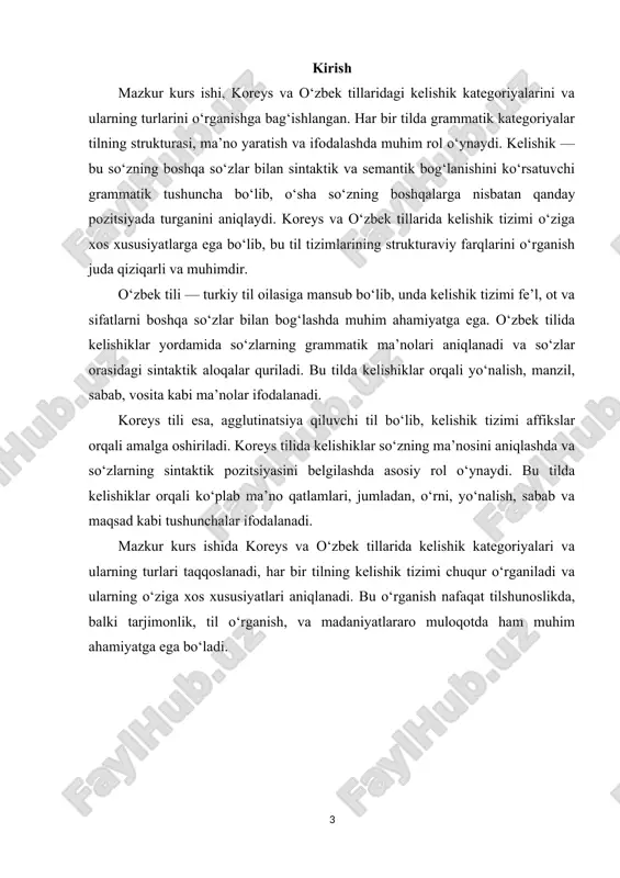 ’zi boshqa tillalarning kelishiklari kabi tillarda, jumladan, o’zbek tilida ham ayrim kelishik shakllari shakllanmagan faqat ot negizidan, balki boshqa kelishik shakllaridan ham bitta qo’shimcha uchun boshqa kelishik qo’shimchasi hosil bo’ladi va qo’shma kelishik shaklining ma’nosi uning tarkibiy qismlarining individual qiymatlaridan sintezlanadi. qo’shma gap shakllariga o’ziga xos o’xshashlik predloglar bilan ifodalanadi: tufayli, turfa, yuqorida, pastda. bunday holda, birlashtirilgan ish shaklining tarkibi aniqlanadi uning tarkibiy qismlarining ma’nosi va vazifasi. boshqa tillarda bo’lgani kabi, koreys tilida ham o’zak tuslangan otning mos kelishigi qo’shimchasi biriktiriladi. . koreys tilidagi qo’shimchalarni ikki guruhga bo’lish mumkin: 1) hamma otlar uchun umumiy -ni o’z ichiga olgan universal kelishik oxirlari guruhi ot kelihik qo’shimchalarichalari (bosh kelishik, qaratqich kelishigi, tushum kelishigi, joʼnalish kelishigi, oʼrin-payt kelishigi, chiqish kelishigi)dan iboratdir. bu kelishik qo’shimchalari otlarga birlik va ko’plikda biriktiriladi. yakuniy tovushining tabiatidan qat’i nazar, ya’ni. asoslarga teng unli va to undoshga aylanadi. 2) parallel kelishik qo’shimchalari guruhi, ya’ni parallel shaklga ega bo’lgan qo’shimchalar, …