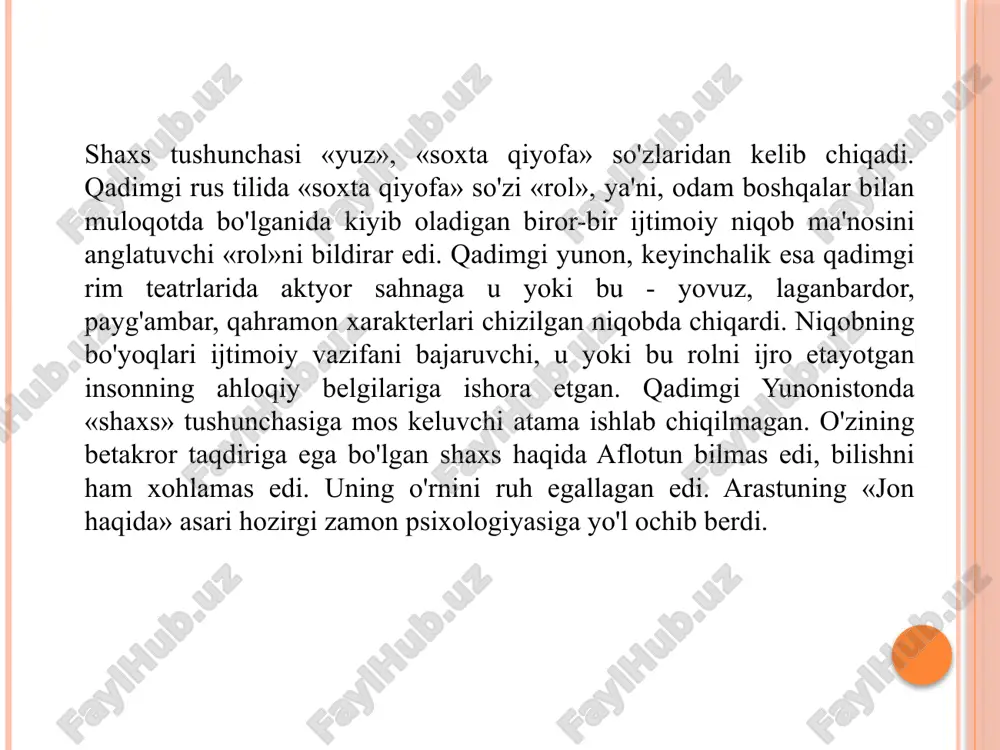 ulki, hulq-atvori, madaniyati va h.k.larni jamlagan edi. xix asrning birinchi o'n yilliklarida shaxs psixologiyasi muammolari bilan faylasuflar bilan bir qatorda shifokor-psixiatrlar ham shug'ullana boshladi. ular birinchilar qatorida klinika sharoitlarida bemor shaxsi ustidan muntazam ravishda kuzatuvlar olib bordilar, uning hulq-atvorini yaxshiroq tushunish maqsadida bemor hayoti tarixini o'rgandilar. psixiatrlarning diqqat markazida bemor odamda, odatda, aniqlanadigan shaxs xususiyatlari bo'ldi. keyinchalik ular tomonidan aniqlangan o'ziga xos xususiyatlar sog'lom odamlarning deyarli barchasida mavjudligi, lekin ularda kuchsiz holatda, bemorlarda esa o'ta kuchli tarzda ifodalanishi aniqlandi. xx asrning dastlabki o'n yilliklariga kelibgina, shaxs ungacha inson holatlari va bilish jarayonlarini tadqiq etish bilan shug'ullanayotgan psixologlar tomonidan o'rganila boshladi. xx asrda psixologiyada tajriba tadqiqotlari jadal olib borilgani uchun, ularga farazlarni aniq tekshirish va asoslangan faktlarga ega bo'lish maqsadida ma'lumotlarni matematik-statistika usulida hisoblash qo'llanildi. shu asosda, psixologlar uchun uzoq yillar davomida mutanosib shaxsni tadqiq etishning ishonchli va valid test (amaliy test) metodlarini ishlab chiqish birinchi navbatdagi vazifa bo'lib qoldi. shaxsga …
