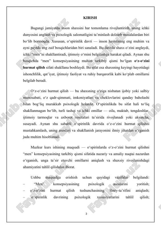 r uchun zarur bo‘lgan tavsiyalarni ishlab chiqish imkonini beradi. tadqiqot davomida quyidagi metodlardan foydalanildi: ilmiy va psixologik adabiyotlarni tahlil qilish, so‘rovnoma, test va kuzatuv metodlari, statistik natijalarni tahlil qilish. bu metodlar asosida olingan ma’lumotlar asosida o‘spirinlar ongida o‘z-o‘zini hurmat qilish darajasini aniqlash va uni shakllantirish bo‘yicha tavsiyalar ishlab chiqildi. i bob. o‘spirinlik davrida «men» konsepsiyasi va uning tarkibiy tuzilishi 1.1. «men» konsepsiyasining mazmuni va psixologik tahlili. inson shaxsining psixik rivojlanish jarayonida eng muhim tushunchalardan biri bu — “men” konsepsiyasidir. u nafaqat shaxsiy ongning shakllanishini bildiradi, balki shaxsning o‘zini idrok etishi, ijtimoiy rollarni anglash va o‘zini boshqa odamlar bilan taqqoslash imkonini beradi. psixologiyada “men” tushunchasi ko‘p yillik tadqiqotlar asosida turlicha yondashuvlarda talqin etilgan bo‘lib, ularning har biri insonning ichki dunyosini o‘ziga xos tarzda ifodalaydi. “men” konsepsiyasi ingliz tilida self-concept atamasi bilan nomlanadi va dastlab amerikalik psixologlar uilyam jeyms, k. rojers, g. olport va e. eriksonlar tomonidan chuqur o‘rganilgan. ular “men” konsepsiyasini …