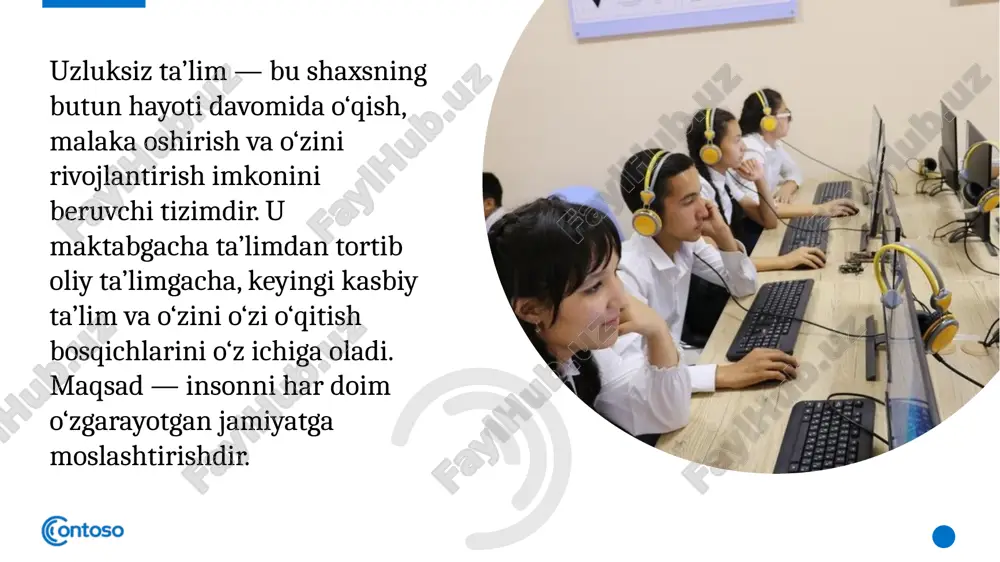 rivoji uchun doimiy o‘rganishni hayot tarzi sifatida qabul qilishi zarur. oila, jamiyat, ta’lim muassasalari va ish beruvchilar o‘rtasidagi hamkorlik ta’limning barqarorligini ta’minlaydi. 15 xulosa uzluksiz ta’lim – insoniyat taraqqiyotining poydevoridir. global muammolarni bartaraf etish uchun texnologik, ijtimoiy va ma’naviy yondashuvlarni uyg‘unlashtirish zarur. har bir shaxs, o‘qituvchi va siyosatchi bu jarayonda faol ishtirok etishi kerak. 16 image3.png image1.png image10.jpeg image2.png image11.jpeg image12.jpeg image13.jpeg image14.jpeg image15.jpeg image16.jpeg image17.jpeg image18.jpeg image19.jpeg