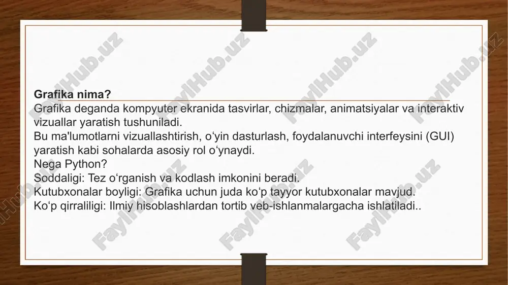 onchani bosish, klaviaturani bosish) qayd etiladi. oʻyin sikli (game loop): oʻyinning uzluksiz ishlashini ta'minlaydigan cheksiz tsikl. (barcha grafik elementlar shu yerda yangilanadi!) xulosa va keyingi qadamlar xulosa turtle — grafikaga kirish va oʻrganish uchun ideal. tkinter — oddiy ish stoli ilovalari uchun standart yechim. pygame — 2d oʻyinlar yaratish uchun kuchli va eng qiziqarli kutubxona. keyingi qadamlar ma'lumotlar vizuallashuvi: matplotlib va seaborn kabi kuchli kutubxonalar orqali diagrammalar va grafiklar yaratishni oʻrganing. 3d grafika: panda3d yoki vpython kabi kutubxonalar bilan tanishing. animatsiya: grafika kutubxonalarida kadrlarni almashtirish orqali oddiy animatsiyalar yaratib koʻring. ma'lumotlarni vizuallashtirish grafikalari python ilmiy hisoblashlar va ma'lumotlarni tahlil qilish (data science) sohalarida o'zining vizuallashtirish kutubxonalari bilan juda mashhur. bu sohada grafika turlicha: diagrammalar, grafiklar, histrogrammalar va boshqalar. matplotlib nima u? python'dagi eng asosiy va eng ko'p ishlatiladigan vizuallashtirish kutubxonasi. u statik, interaktiv va animatsion vizuallarni yaratish imkonini beradi. asosiy turlari: chiziqli grafiklar (plot), ustunli diagrammalar (bar), tarqoqlik diagrammalari (scatter), …