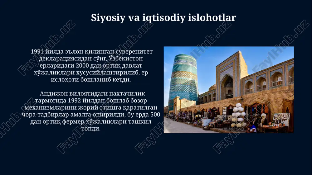 aning global integratsiyasiga hissa qo'shdi. 1991 yildan keyin o'zbekistonda 20 million atrofida aholisi bo'lgan toshkent kabi yirik shaharlar o'zining milliy identifikatsiyasini mustahkamlab, iqtisodiy rivojlanishga yangi turtki berdi. 1991-yil 31-avgust: mustaqillik deklaratsiyasi 1991-yil 31-avgustda o'zbekiston mustaqillik deklaratsiyasi toshkent shahrida e'lon qilinib, sobiq sssr tarkibidan 15 ta respublika ichidan 3-o'rinda mustaqilligini e'lon qildi. mustaqillik deklaratsiyasi qabul qilinganidan so'ng, o'zbekiston hududida 200 dan ortiq partiya va harakatlar ro'yxatdan o'tkazilib, ko'p partiyali tizimning boshlanishiga zamin yaratdi. davlat ramzlari va konstitutsiyasi davlat madhiyasi "oʻzbekiston respublikasi davlat madhiyasi" 1992-yil 10-dekabrda qabul qilingan boʻlib, 2-banddan iborat va mamlakatning tarixi, madaniyati va kelajagiga bagʻishlangan. 1992-yil 8-dekabrda qabul qilingan oʻzbekiston respublikasining konstitutsiyasi, mamlakatning siyosiy tuzumini, inson huquqlarini va davlat boshqaruvi tizimini belgilaydi va samarqand kabi tarixiy shaharlarning merosiga ham tegishlidir. oʻzbekistonning tarixiy kelib chiqishi amir temur davri (14-asr) oʻzbekiston tarixida qudratli imperiyaning shakllanishi bilan ajralib turadi, uning taʼsiri markaziy osiyo va undan tashqarida 200 yildan ortiq davom etgan. oʻzbekiston …