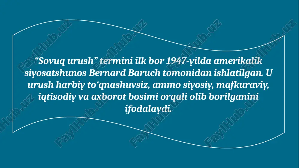 iyatga katta saboq berdi: mafkuraviy va qurolli raqobat dunyoni xavf ostiga qo‘yadi. biroq bu davr texnologik, siyosiy va ilmiy taraqqiyotning ham turtkisi bo‘ldi. bugungi tinchlik siyosati, xalqaro tashkilotlar faoliyati aynan o‘sha davr tajribasiga asoslanadi. foydalanilgan adabiyotlar: karimov, i. a. “yuksak ma’naviyat – yengilmas kuch.” – toshkent: ma’naviyat, 2008. norman lowe. “mastering modern world history.” – london: palgrave macmillan, 2013. hobsbawm, e. “the age of extremes: the short twentieth century, 1914–1991.” – london: abacus, 1994. kennan, g. f. “the sources of soviet conduct.” – foreign affairs journal, 1947. zubok, v. m. “a failed empire: the soviet union in the cold war from stalin to gorbachev.” – chapel hill: university of north carolina press, 2007. gaddis, j. l. “the cold war: a new history.” – new york: penguin press, 2005. westad, o. a. “the global cold war: third world interventions and the making of our times.” – cambridge: cambridge university press, 2007. …